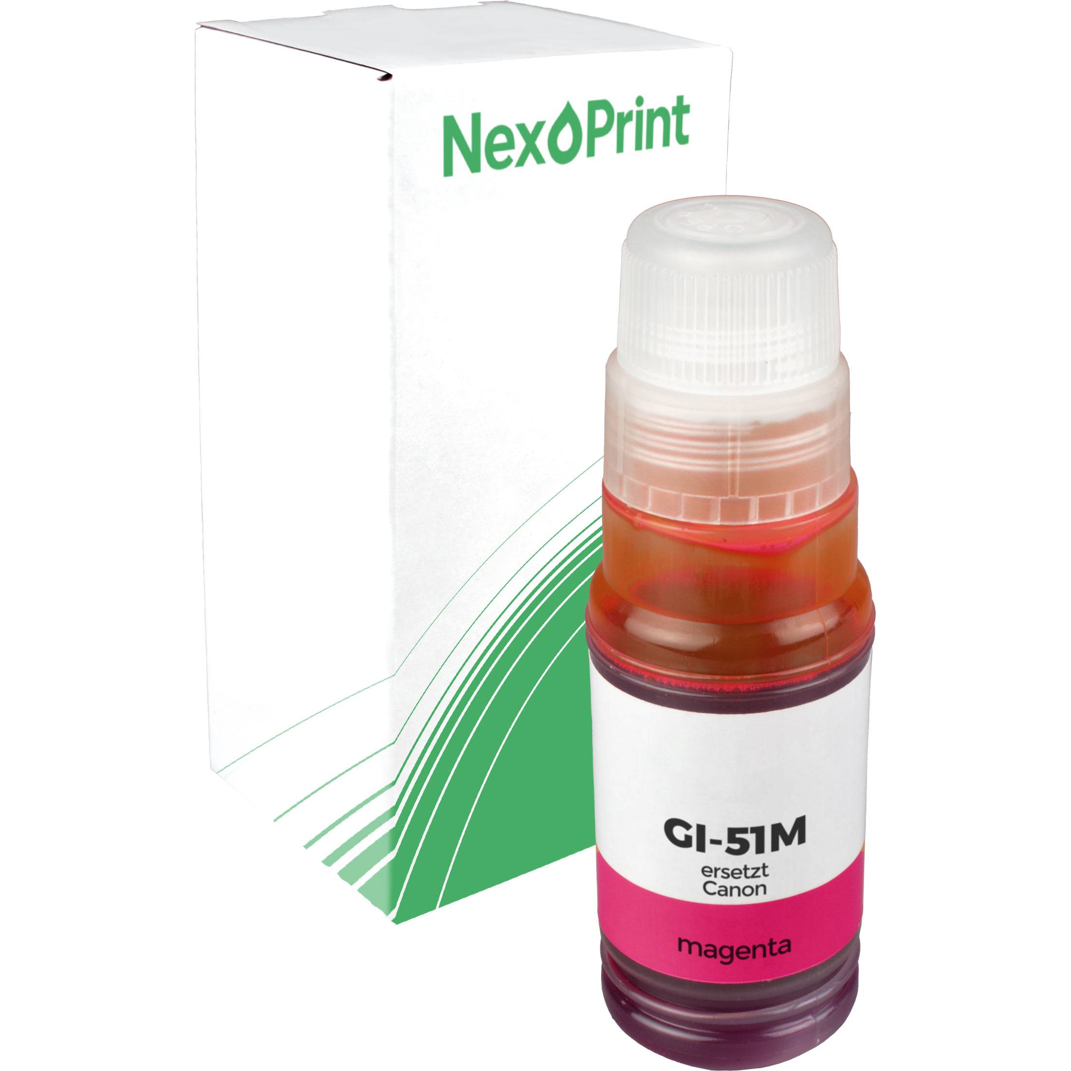 Magenta-Tintenpatrone mit der Aufschrift GI-51M, ersetzt Canon, vor weißer Verpackung mit grünem Text von NexPrint.