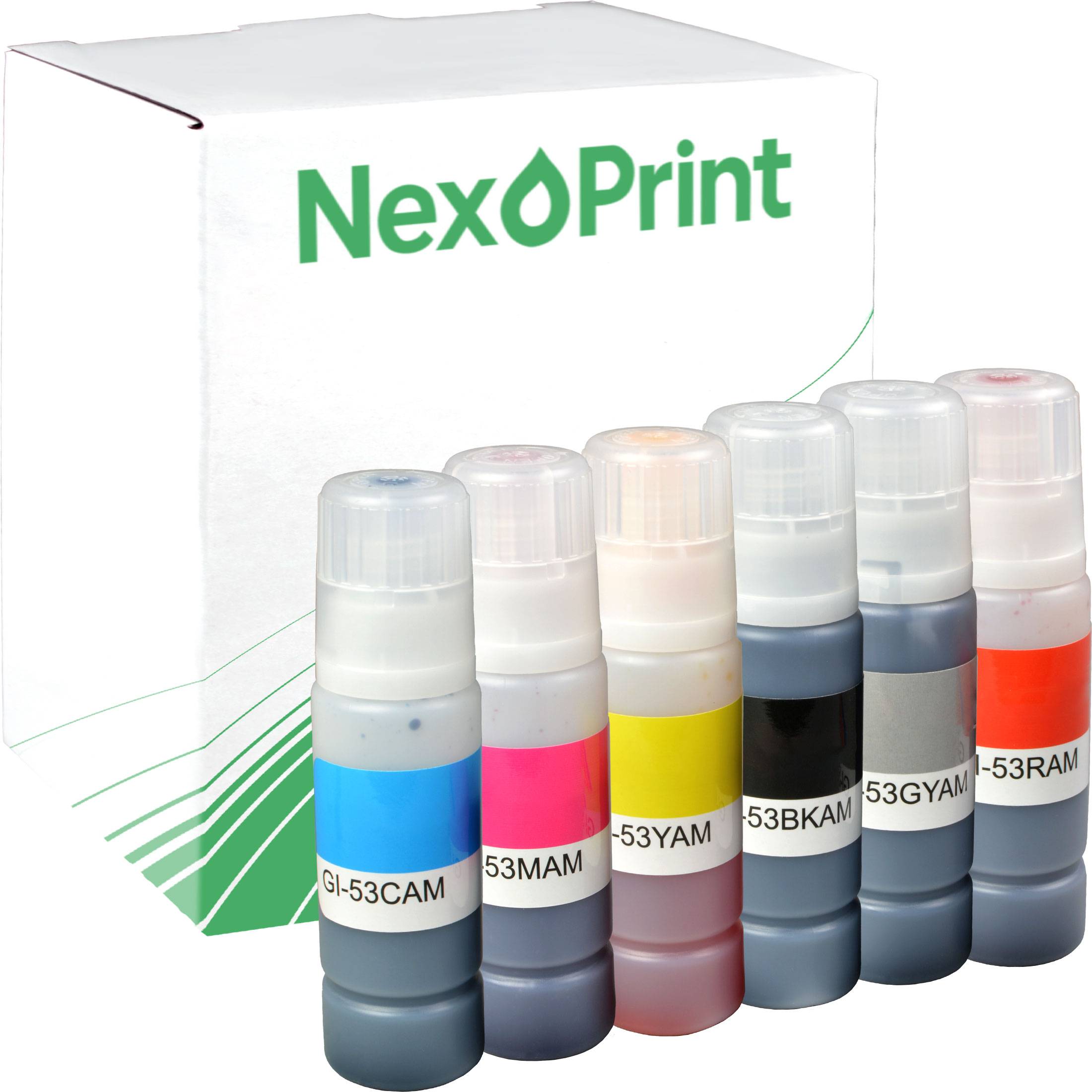 Eine Verpackung der Marke 'NexPrint' mit sechs kleinen Flaschen Druckertinte in den Farben Cyan, Magenta, Gelb, Schwarz, Hellmagenta und Hellcyan.