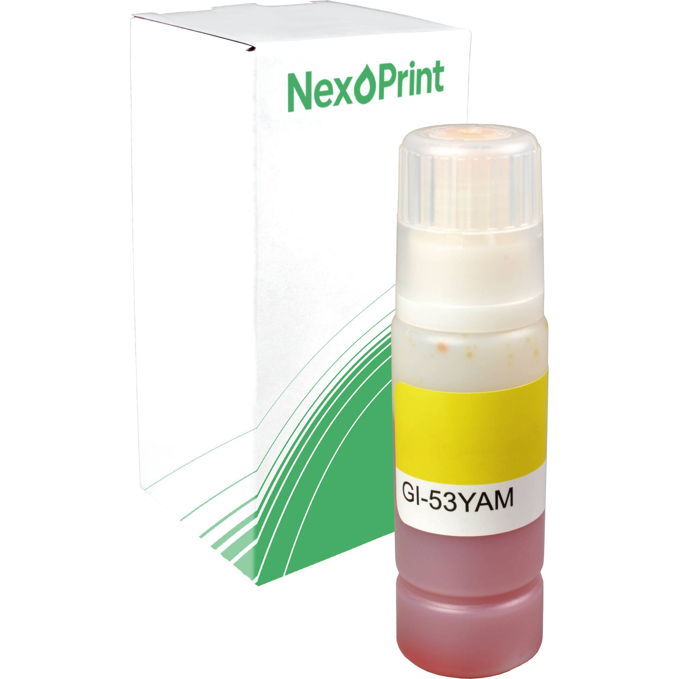 Eine Flasche mit gelber Tinte, die mit 'GI-53YAM' beschriftet ist, vor einem weißen Hintergrund, auf dem der Markenname 'NexPrint' zu sehen ist.