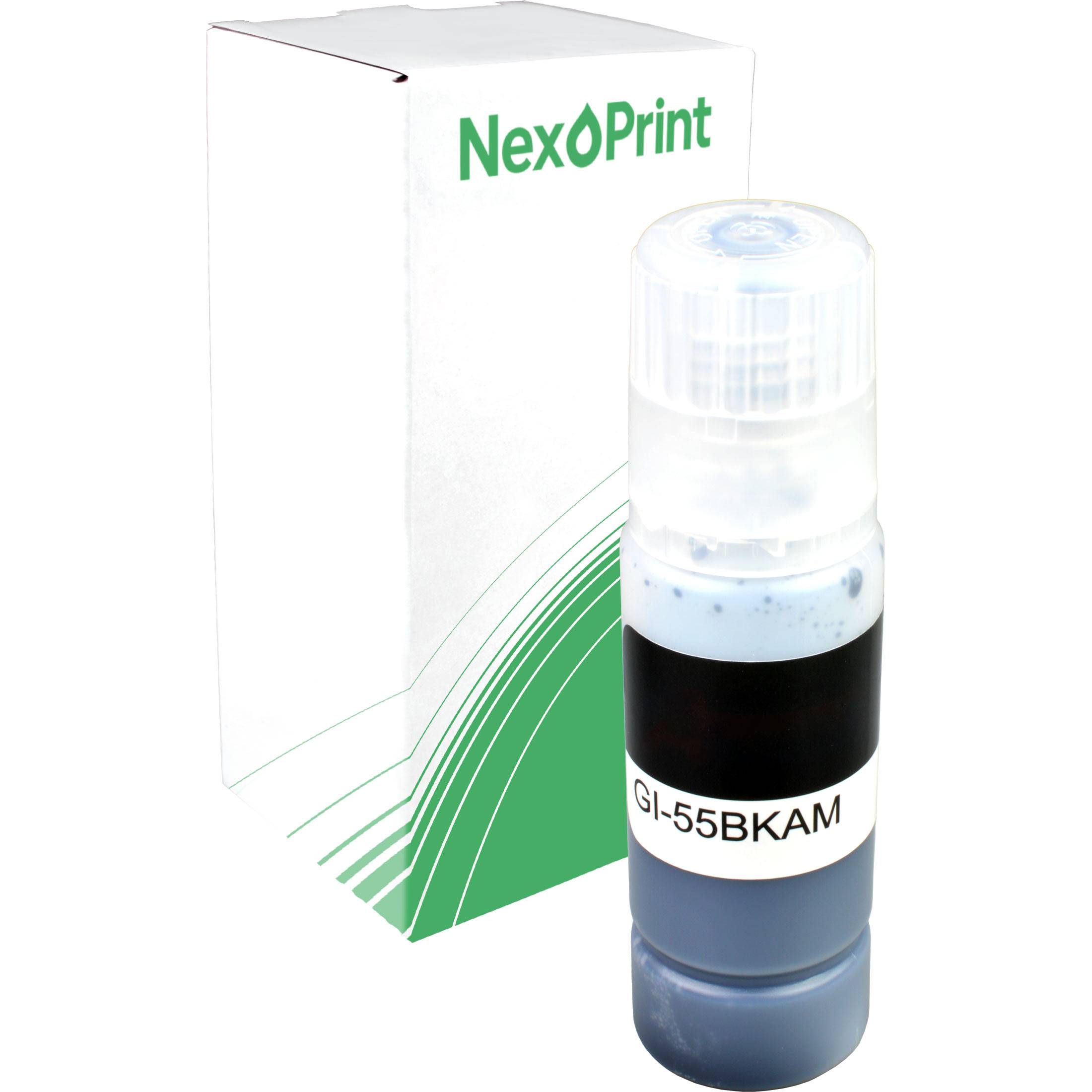 Eine Flasche mit NexPrint GI-55BKAM Tinte in einer weißen Schachtel, wahrscheinlich zur Verwendung in kompatiblen Druckern.