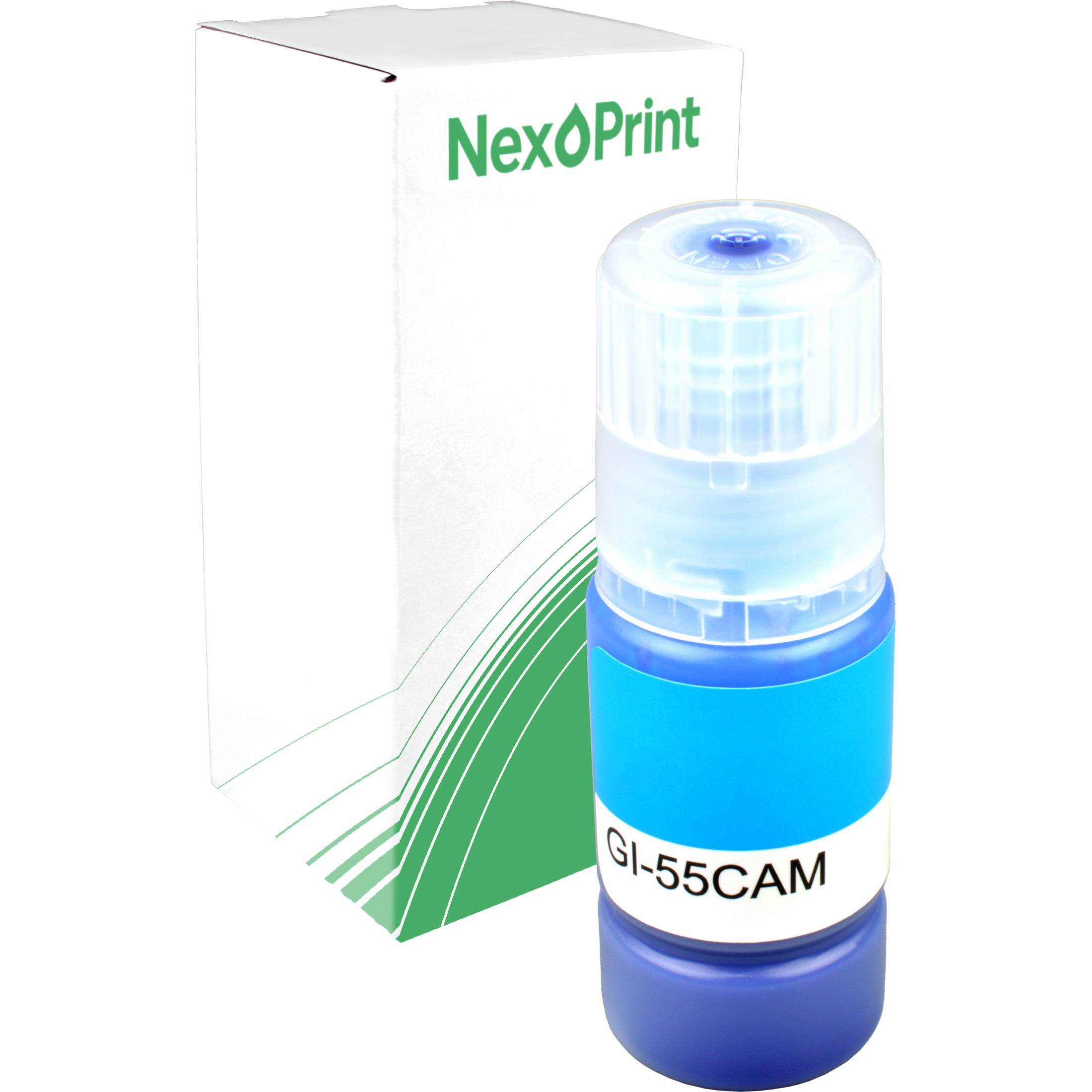 Blauer Tintenflakon mit der Bezeichnung 'GI-55CAM' vor einer weißen NexPrint-Box mit grünen Akzenten.