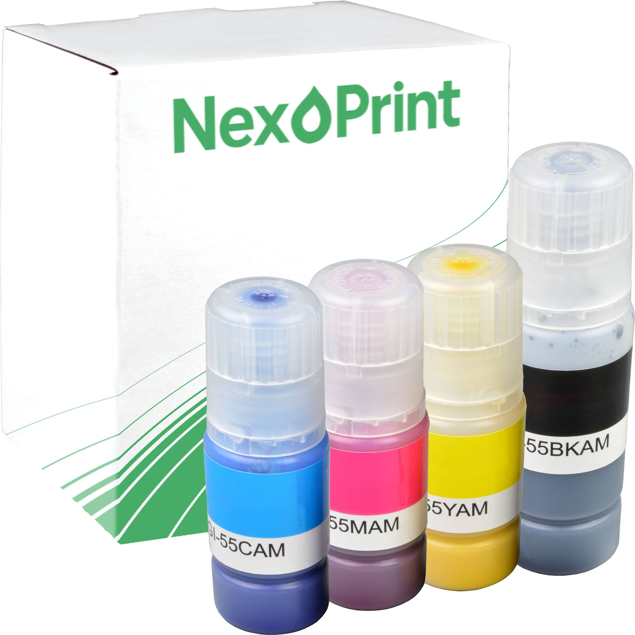 Vier farbenfrohe Tintenfläschchen mit den Bezeichnungen '55CAM', '55MAM', '55YAM' und '55BKAM' stehen vor einer weißen Box mit dem 'NexPrint' Logo.