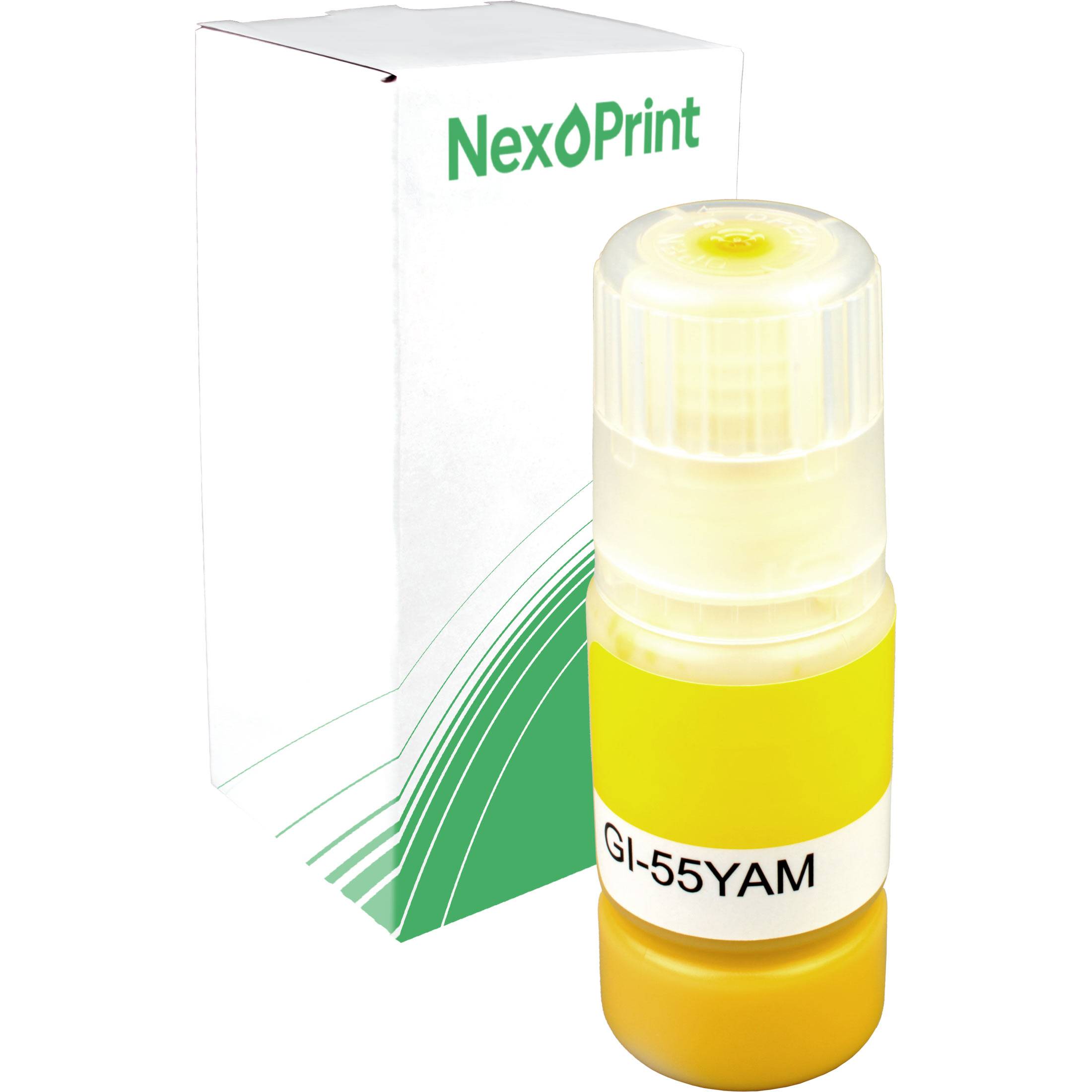 Gelbe NexøPrint GI-55YAM-Tintenflasche vor weißer Verpackung mit grüner Wellendesign auf einer Schachtel, aufrecht stehend.