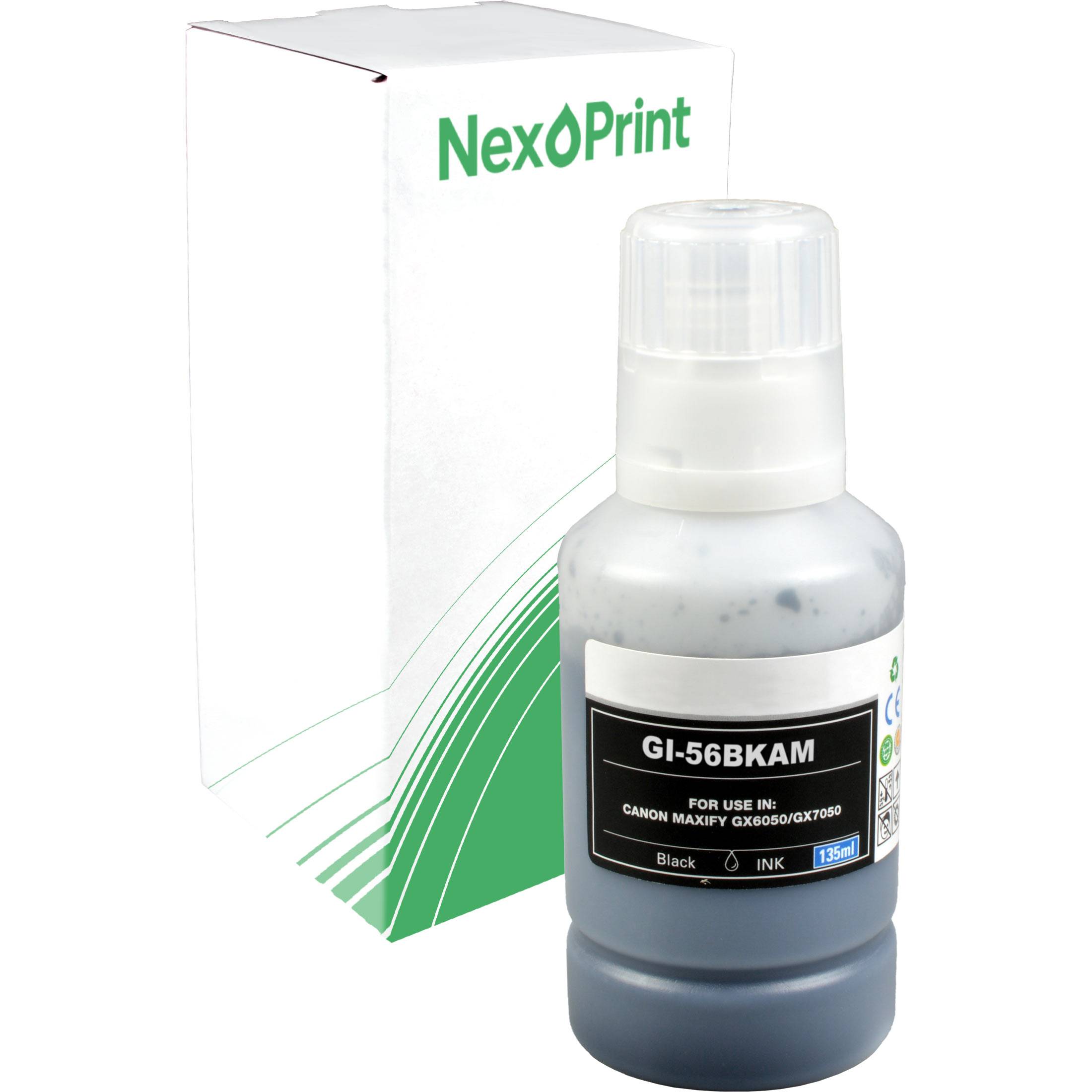Schwarze Tintenflasche mit der Bezeichnung GI-56BKAM für Canon MAXIFY GX6080/GX7080 Drucker. NexoPrint Markenverpackung im Hintergrund.