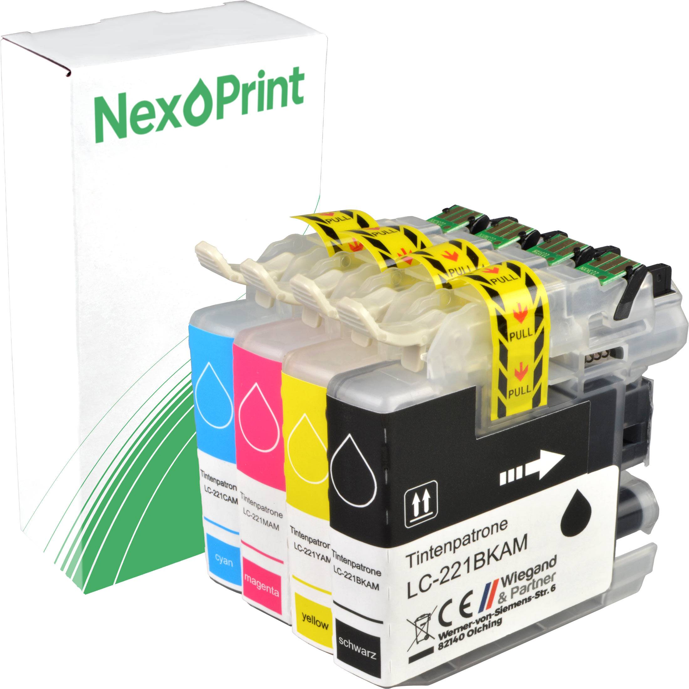 Tintenpatronensatz in Cyan, Magenta, Gelb und Schwarz mit Verpackung, beschriftet mit 'NexPrint'. Abreißlaschen sind auf den Patronen sichtbar.