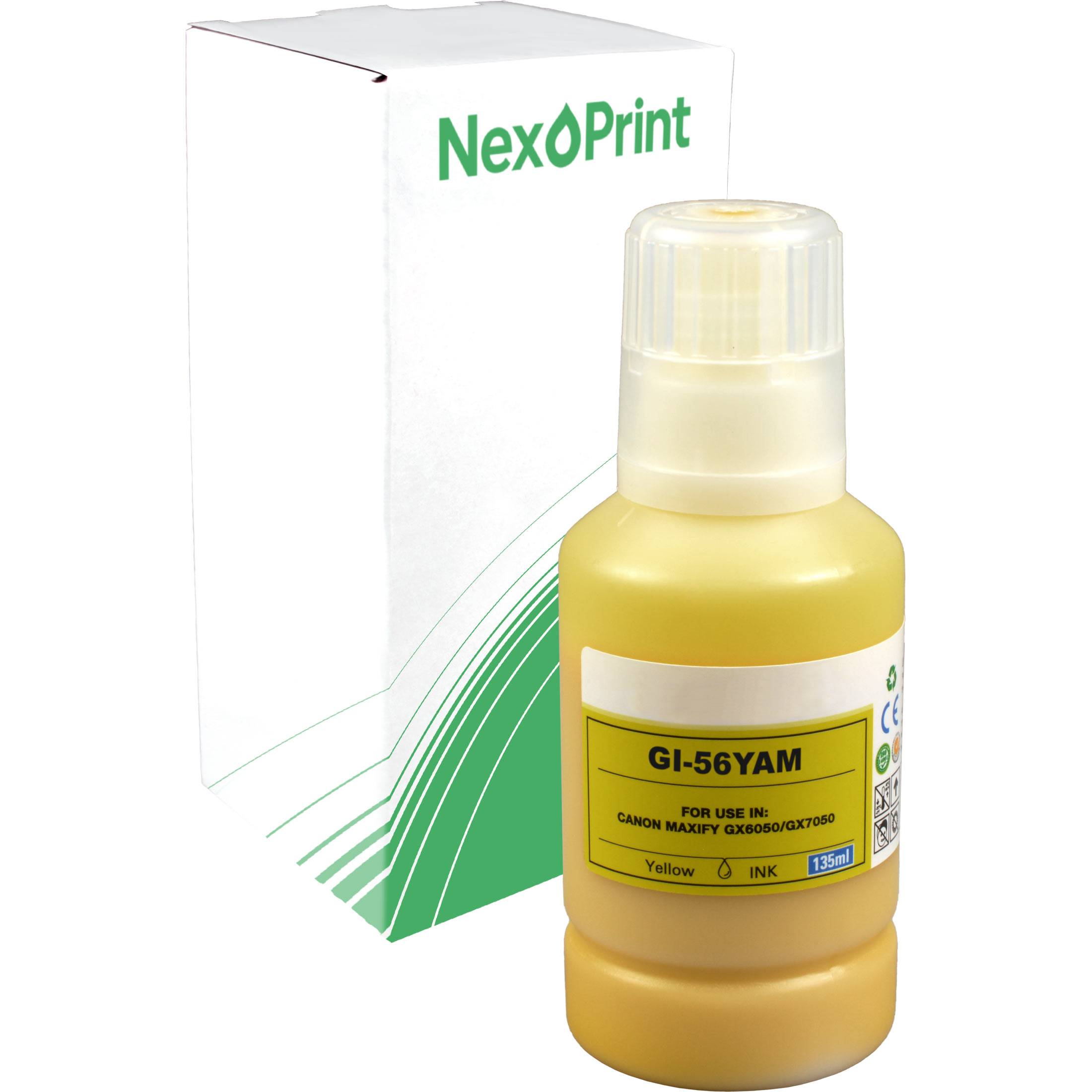 Gelbe Tintenflasche mit der Bezeichnung 'GI-56YAM' für Canon MAXIFY Drucker, mit einer weißen und grünen Nexoprint-Schachtel im Hintergrund.