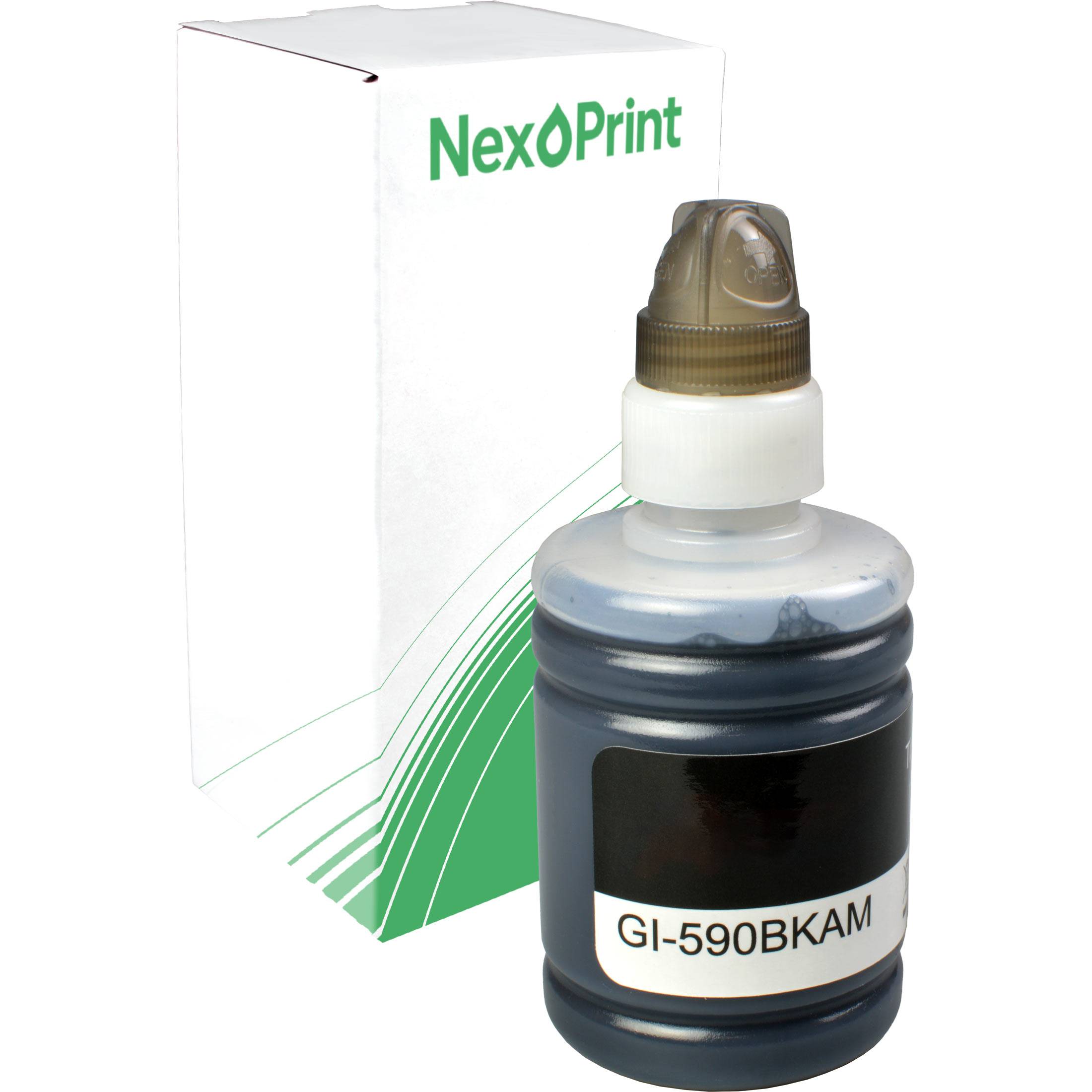 GI-590BKAM' schwarze Tintenflasche mit grauem Ausguss, präsentiert vor einer NexPrint-Verpackung mit grüner Wellengestaltung.