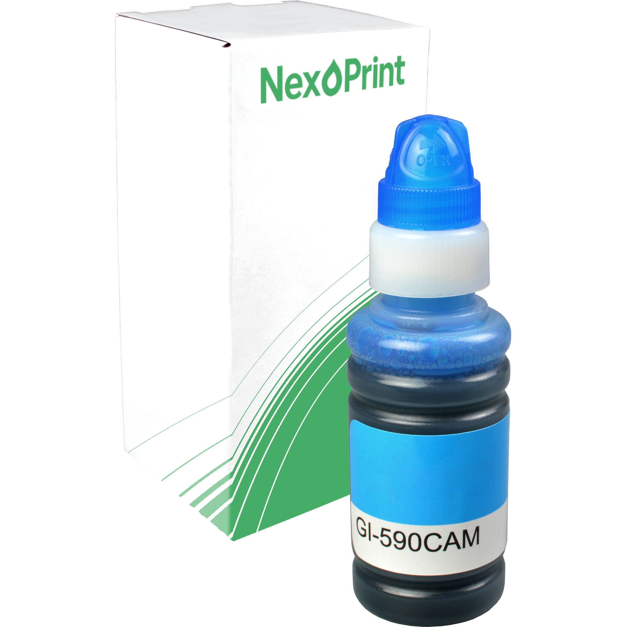 Blaue Tintenflasche mit der Bezeichnung GI-590CAM, neben einer weiß-grünen Schachtel mit dem Wort 