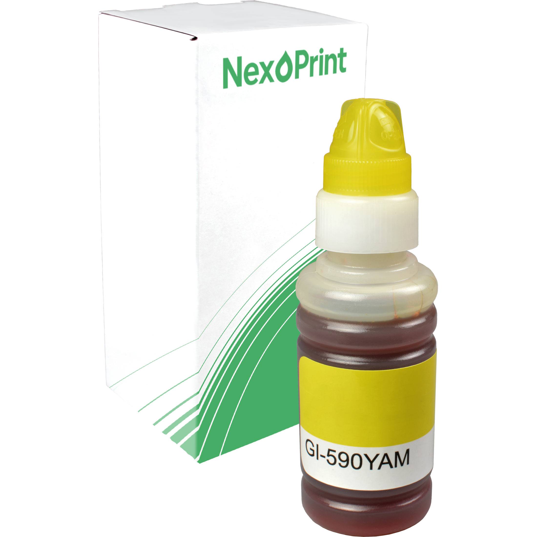 Eine gelbe Tintenflasche mit der Bezeichnung 'GI-590YAM' steht vor einer weißen Produktbox mit einem grünen Wellendesign und dem Markennamen 'Nex Print'.
