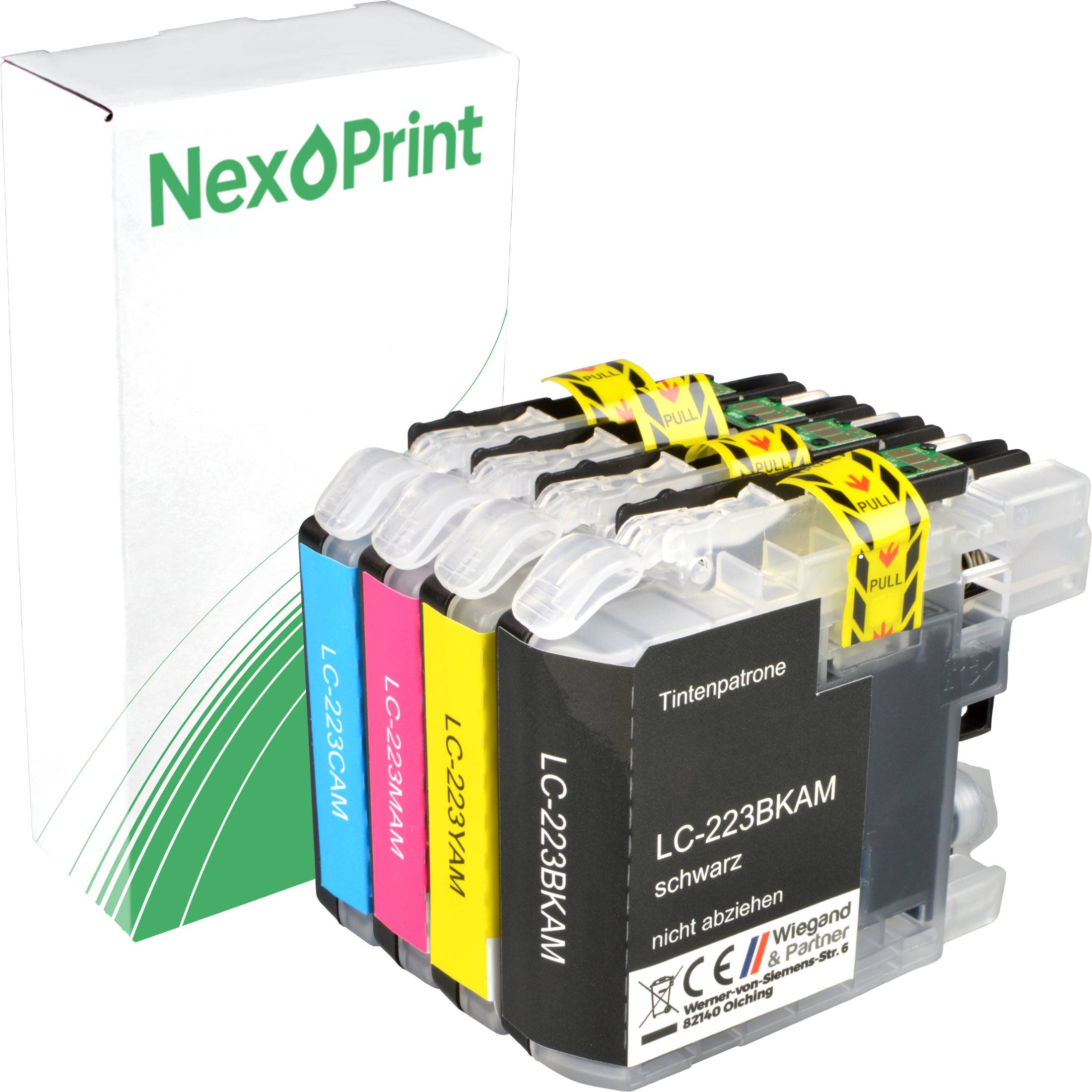 NexPrint-Tintenpatronen in Schwarz, Cyan, Magenta und Gelb, zusammen mit einer Verpackungsbox.