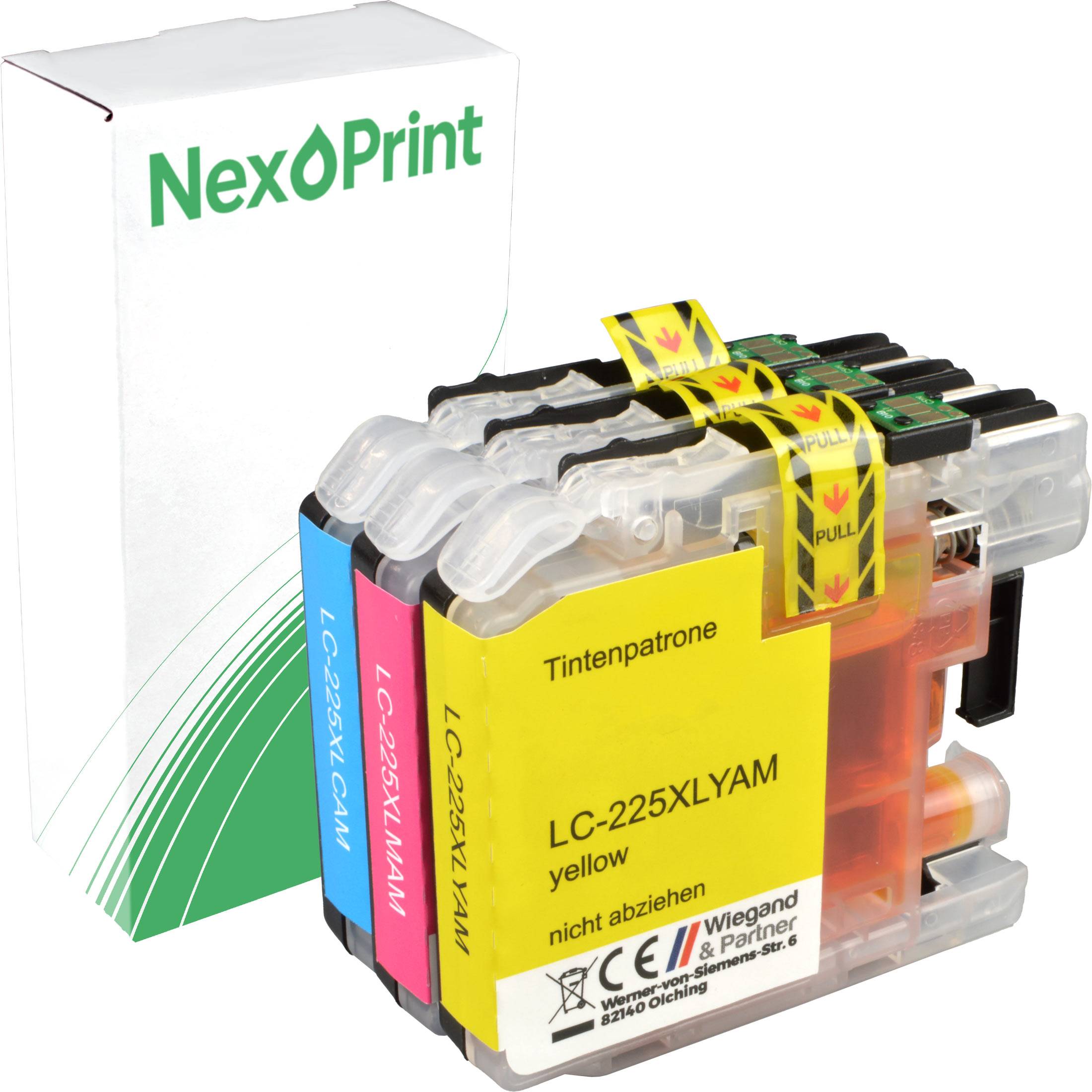 Packung NexPrint Druckerpatronen mit verschiedenen Farben: Gelb, Magenta, Cyan und Schwarz. Kompatibel mit LC-225LYAM Modellen.