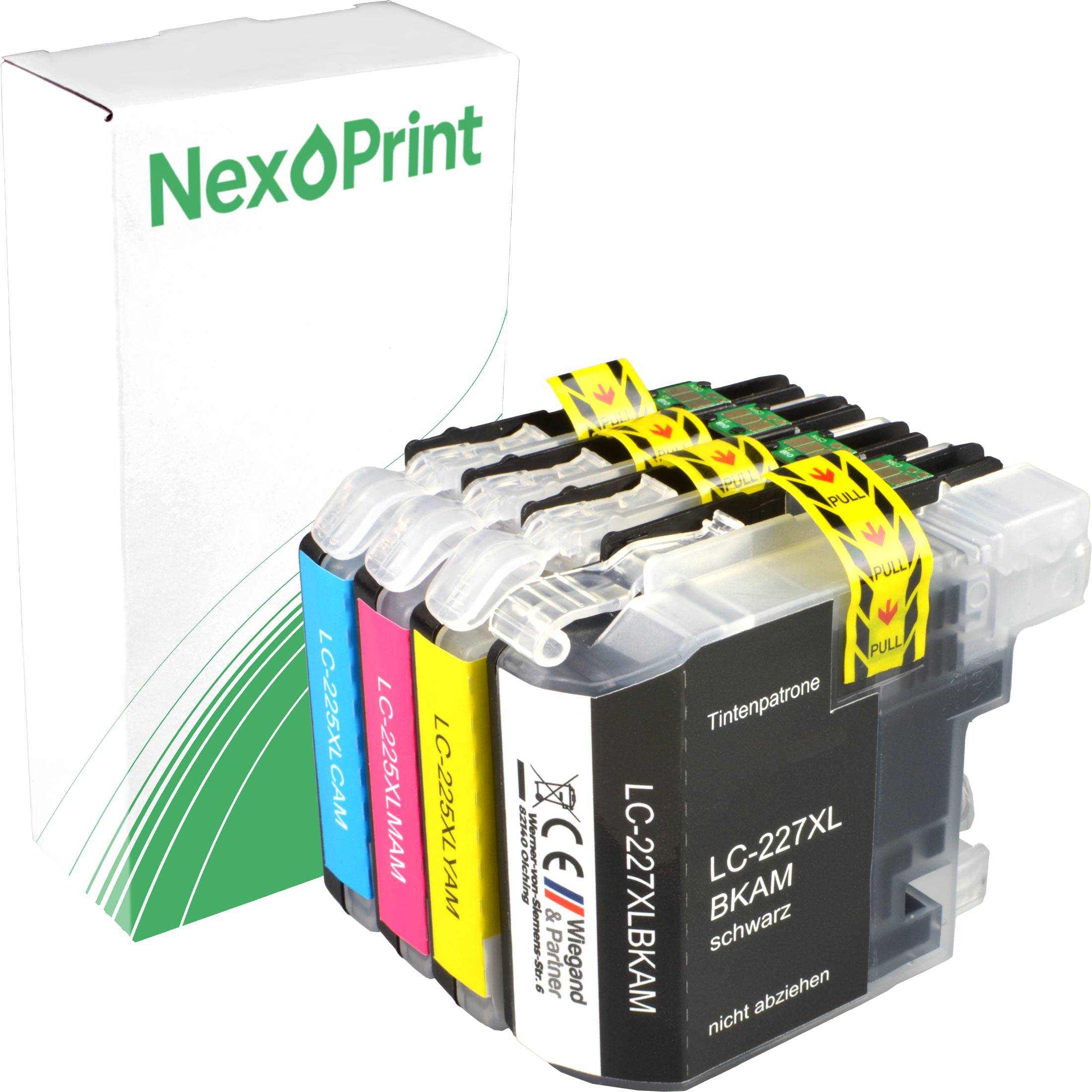 Vier Druckerpatronen, beschriftet mit LC-227XL BK, C, M, Y, in schwarz, cyan, magenta und gelb, neben einer NexPrint-Schachtel.