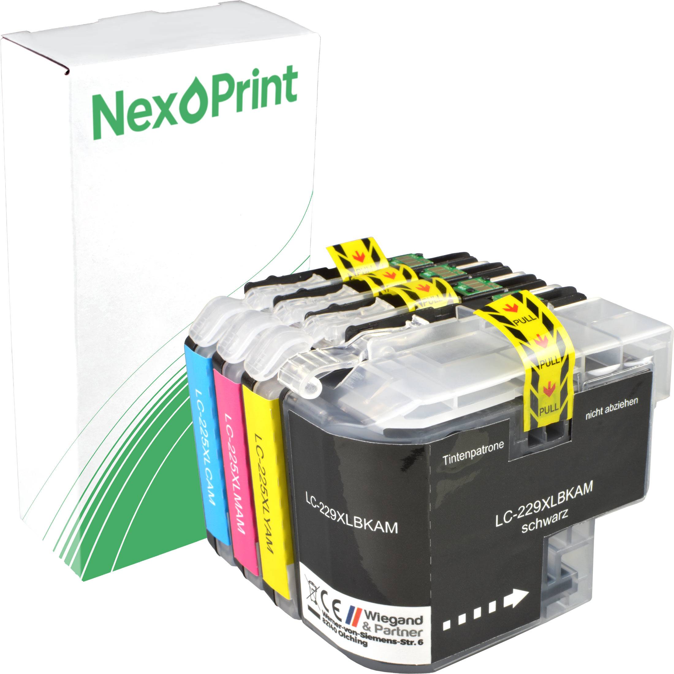 NexPrint' Marken-Tintenkartuschensatz mit Cyan-, Magenta-, Gelb- und Schwarzpatronen.