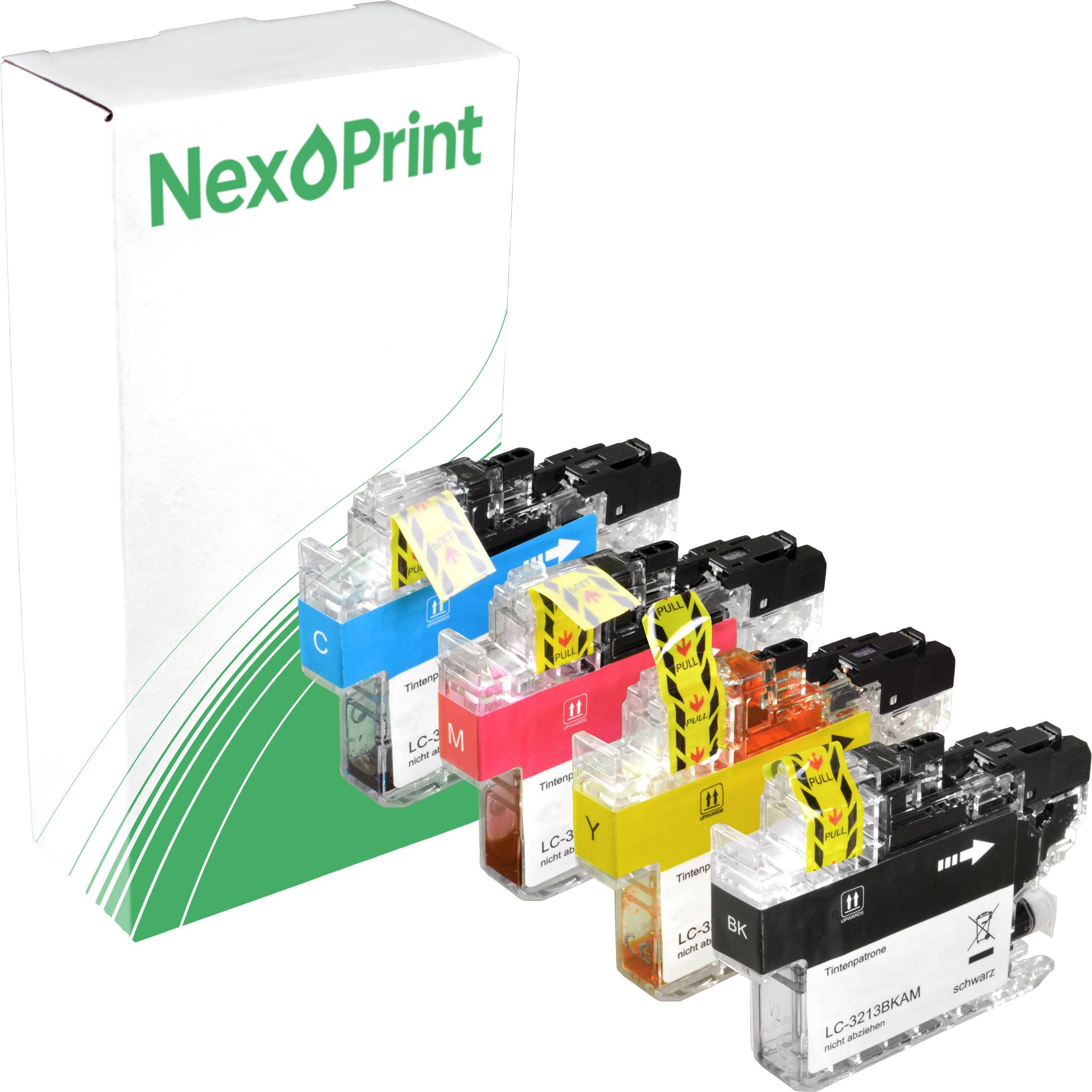 Satz von Tintenpatronen in verschiedenen Farben für NexPrint-Drucker, einschließlich Cyan, Magenta, Gelb und Schwarz, neben der Verpackungsbox präsentiert.