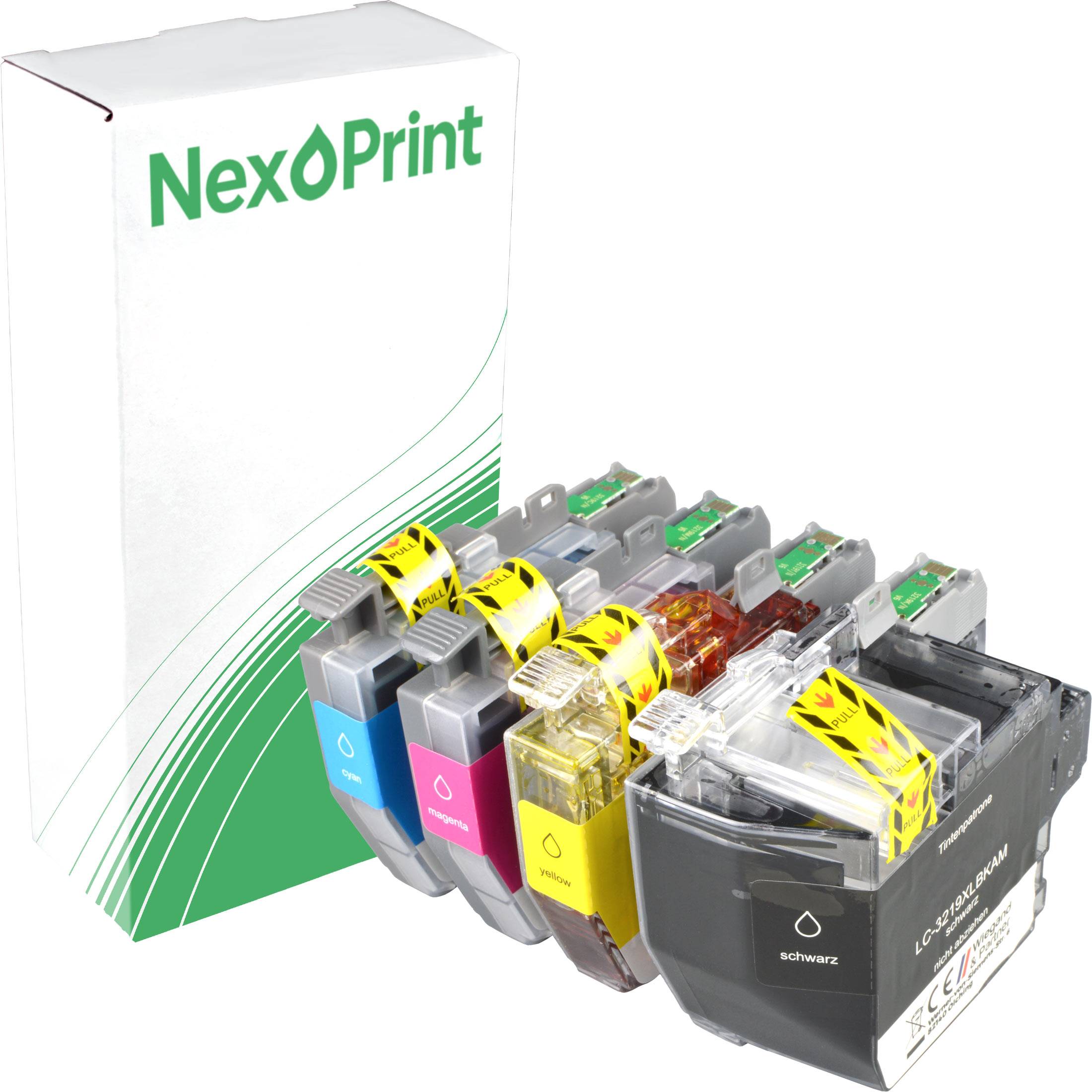 Eine Box mit der Aufschrift 'NexPrint' neben vier farbcodierten Tintenpatronen in Schwarz, Cyan, Magenta und Gelb, die für den Druckgebrauch vorgesehen sind.