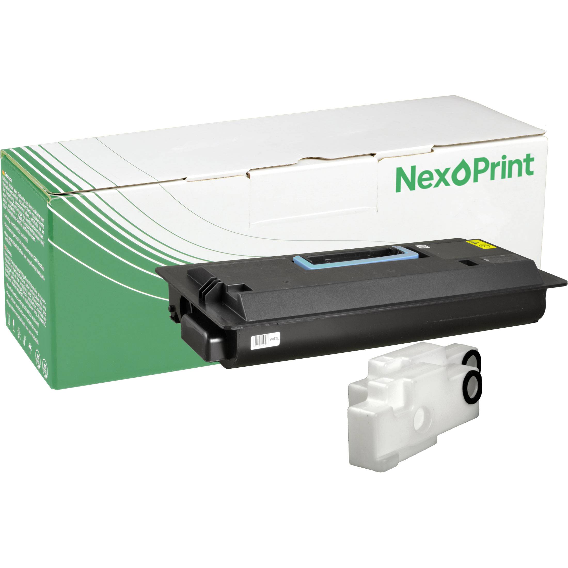 NexOPrint-Tonerpatrone in Verpackung, mit einem grün-weißen Schachteledesign und einer kleinen weißen Kunststoffkomponente neben der Patrone.
