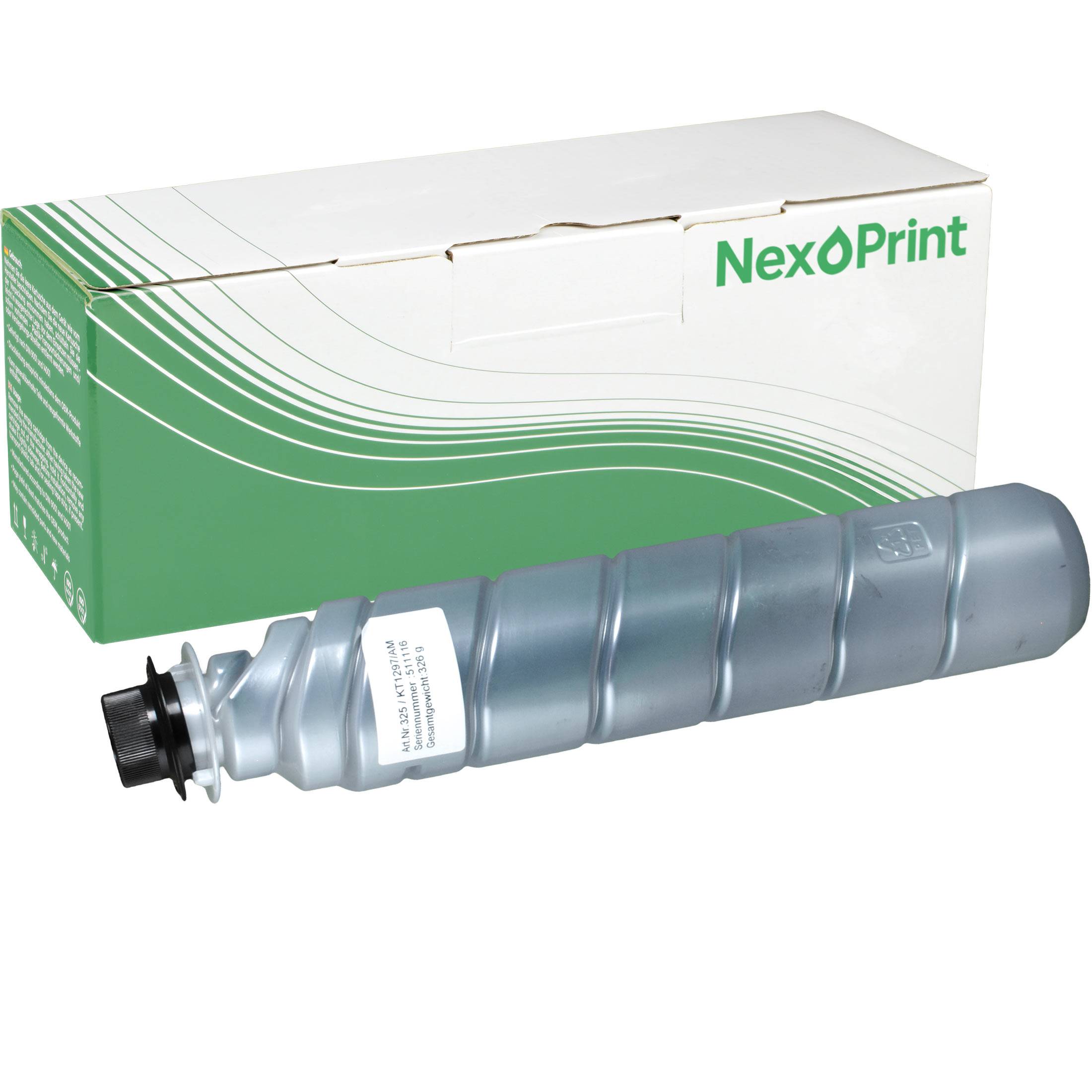 Silberne Tonerpatrone mit schwarzer Kappe vor einer grün-weißen Schachteln mit NexPrint-Branding.