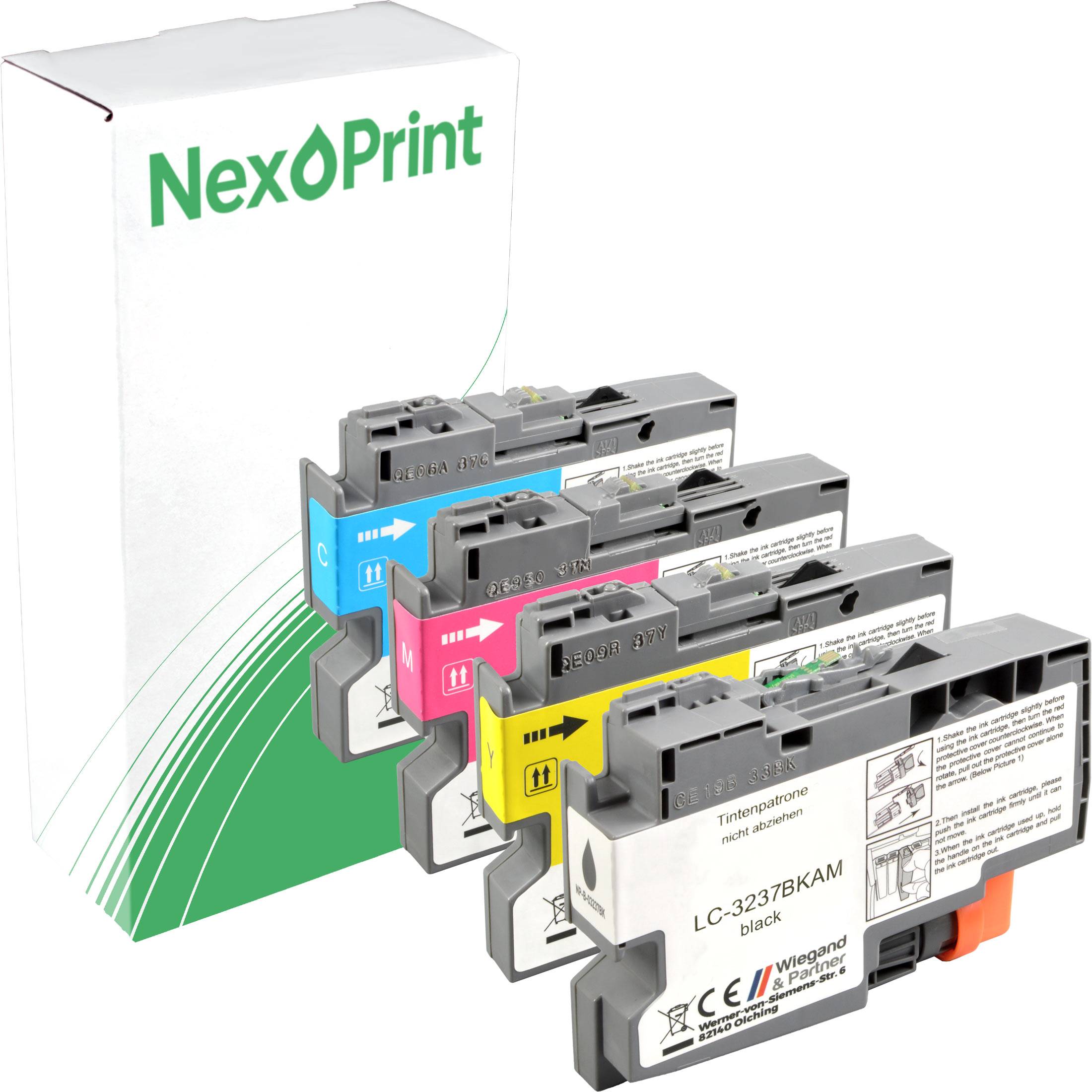NexPrint-Tintenpatronen in Schwarz, Cyan, Magenta und Gelb, vor einer weißen Schachtel mit grünen Akzenten angeordnet.