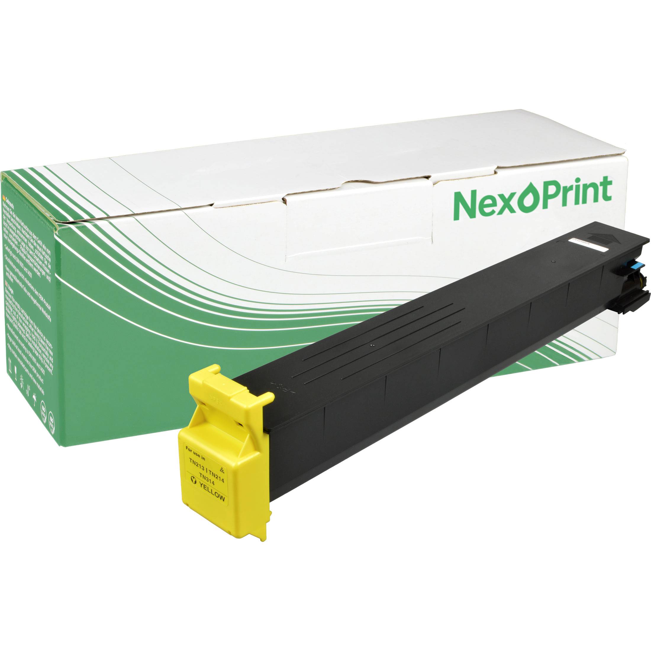 NexPrint Tonerpatrone mit gelbem Etikett, platziert vor einer grünen und weißen Schachtel mit wellenförmigen Linien und Firmenlogo.