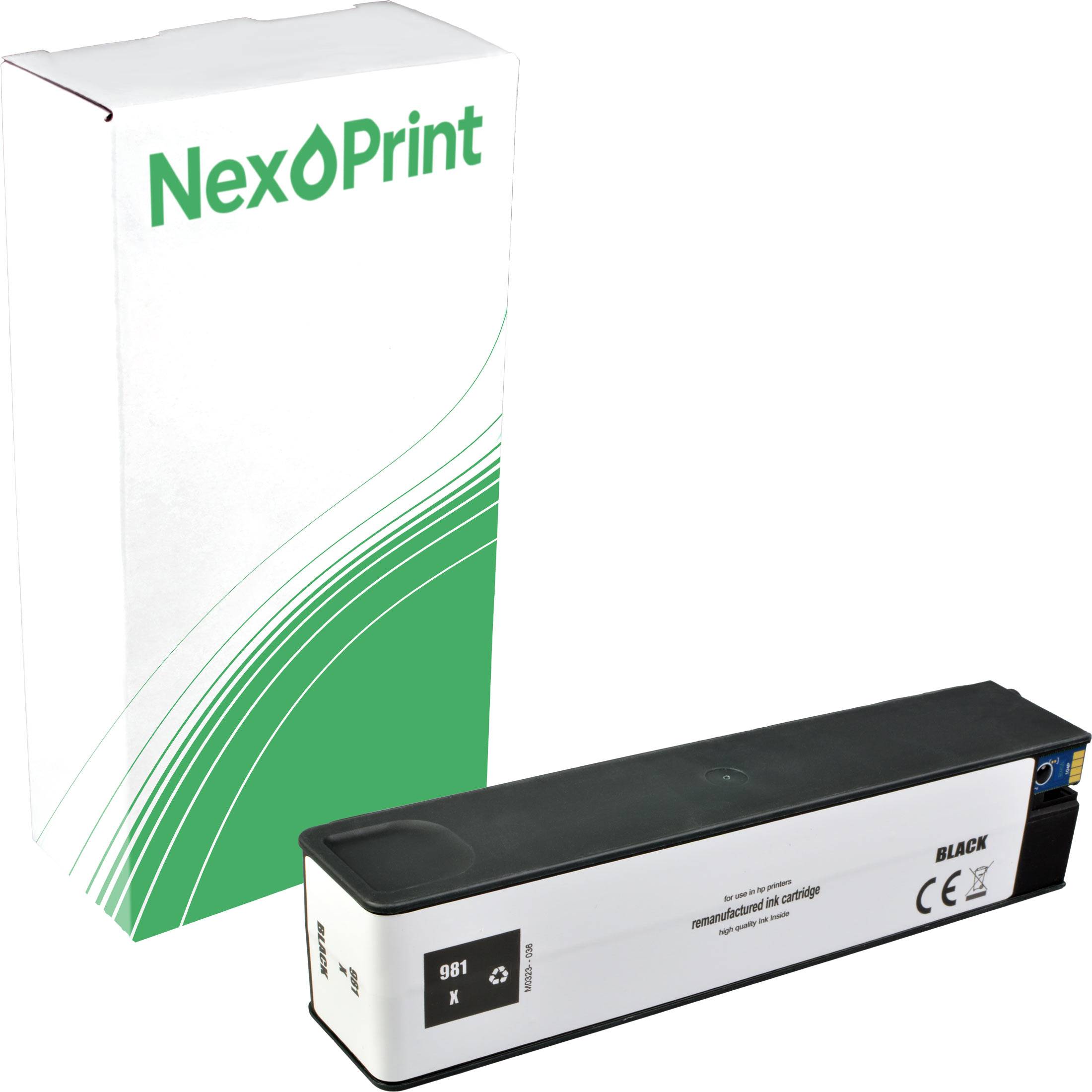 Weißes NexPrint Tintenkartuschenetui mit grünem Design und 'NexPrint' Logo. Die schwarze Tintenkartusche ist mit '981 X' beschriftet.