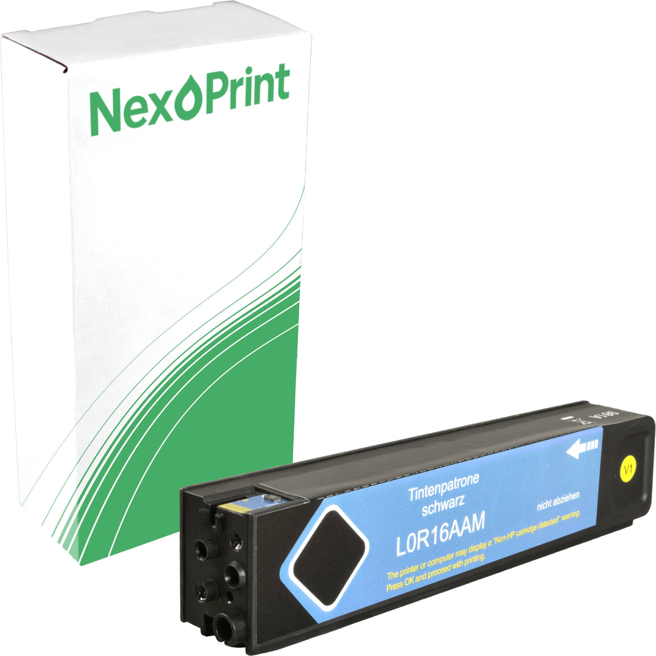 Schwarze Tintenpatrone 'LOR16AA' von 'NexPrint', mit weißer und grüner Verpackung, die das Markenlogo trägt.