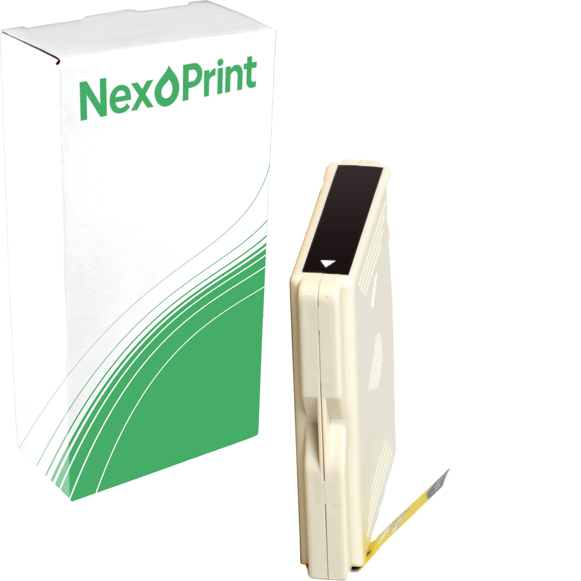 Schachtel mit der Aufschrift NexPrint mit abstraktem grün-weißem Design neben einer beigen Druckerpatrone in einer schrägen Draufsicht.