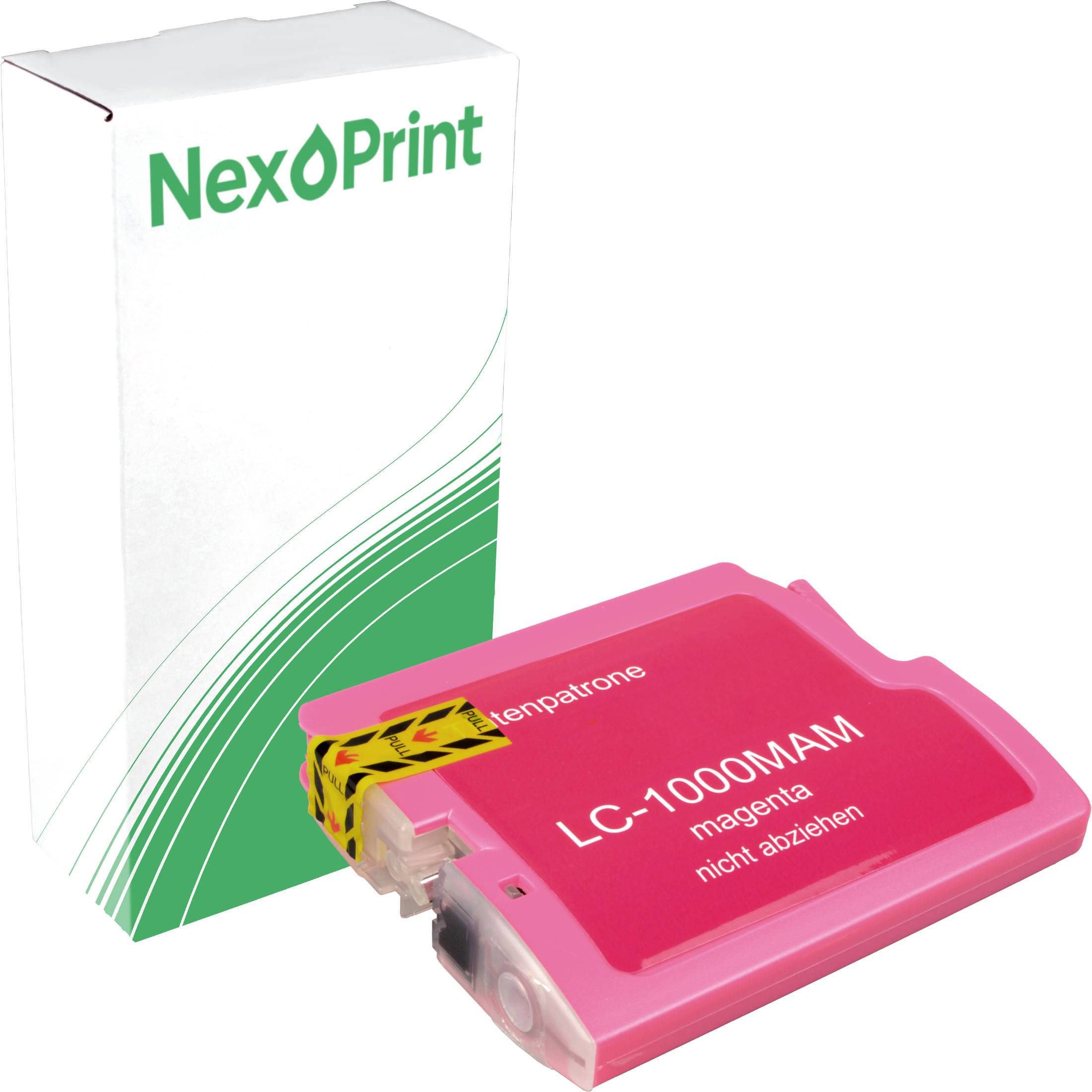 Magentafarbene Tintenpatrone der Marke 'NexPrint' mit Verpackung.