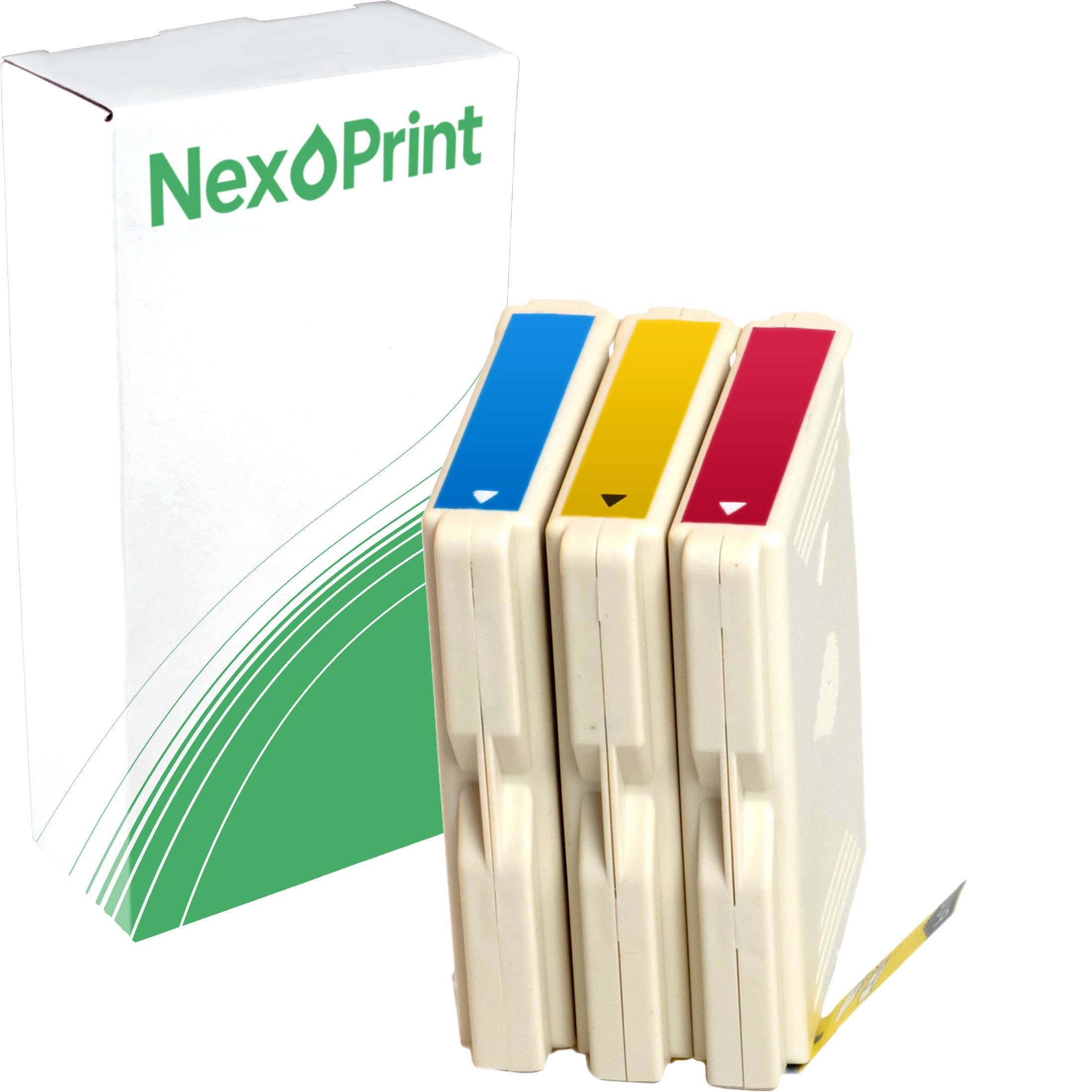 NexPrint Druckerpatronen in Cyan, Gelb und Magenta neben einer Verpackungsbox mit grün-weißem Design.