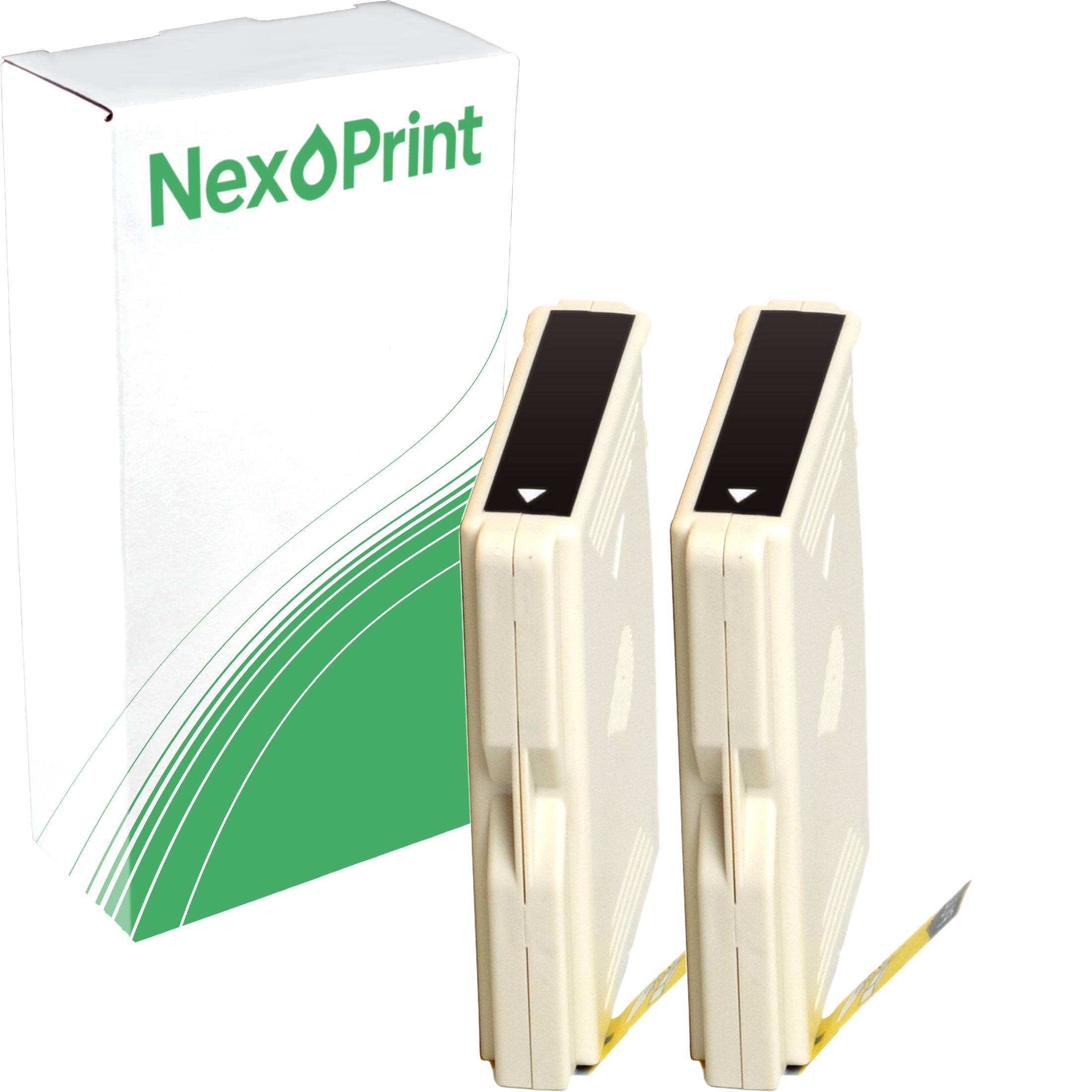 Zwei weiße Druckerpatronen mit schwarzen Etiketten, die vor einer NexPrint-Verpackung mit grünen Akzenten positioniert sind.