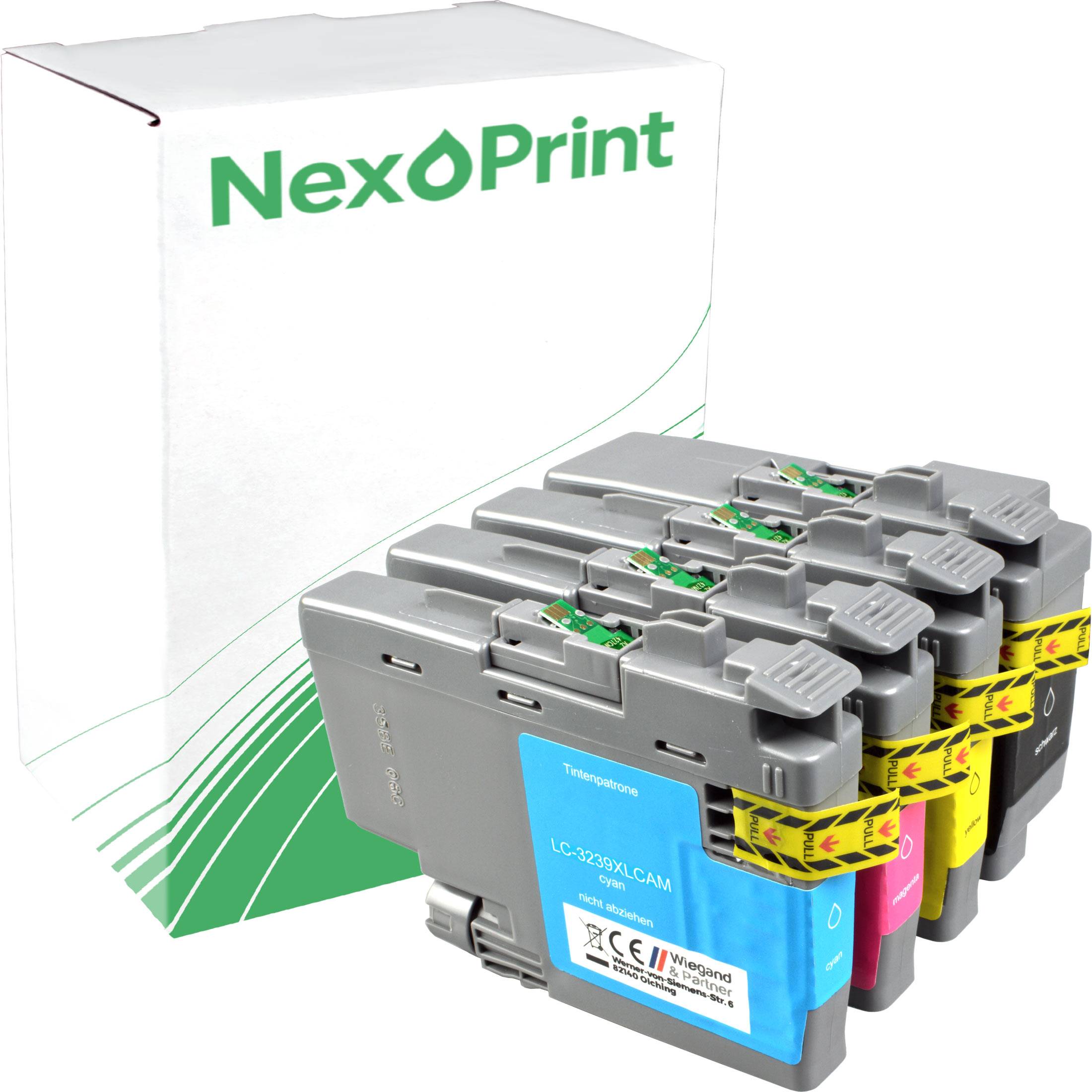 Vier NexPrint Druckerpatronen in Cyan, Magenta, Gelb und Schwarz, die vor ihrer Verpackungsschachtel positioniert sind.