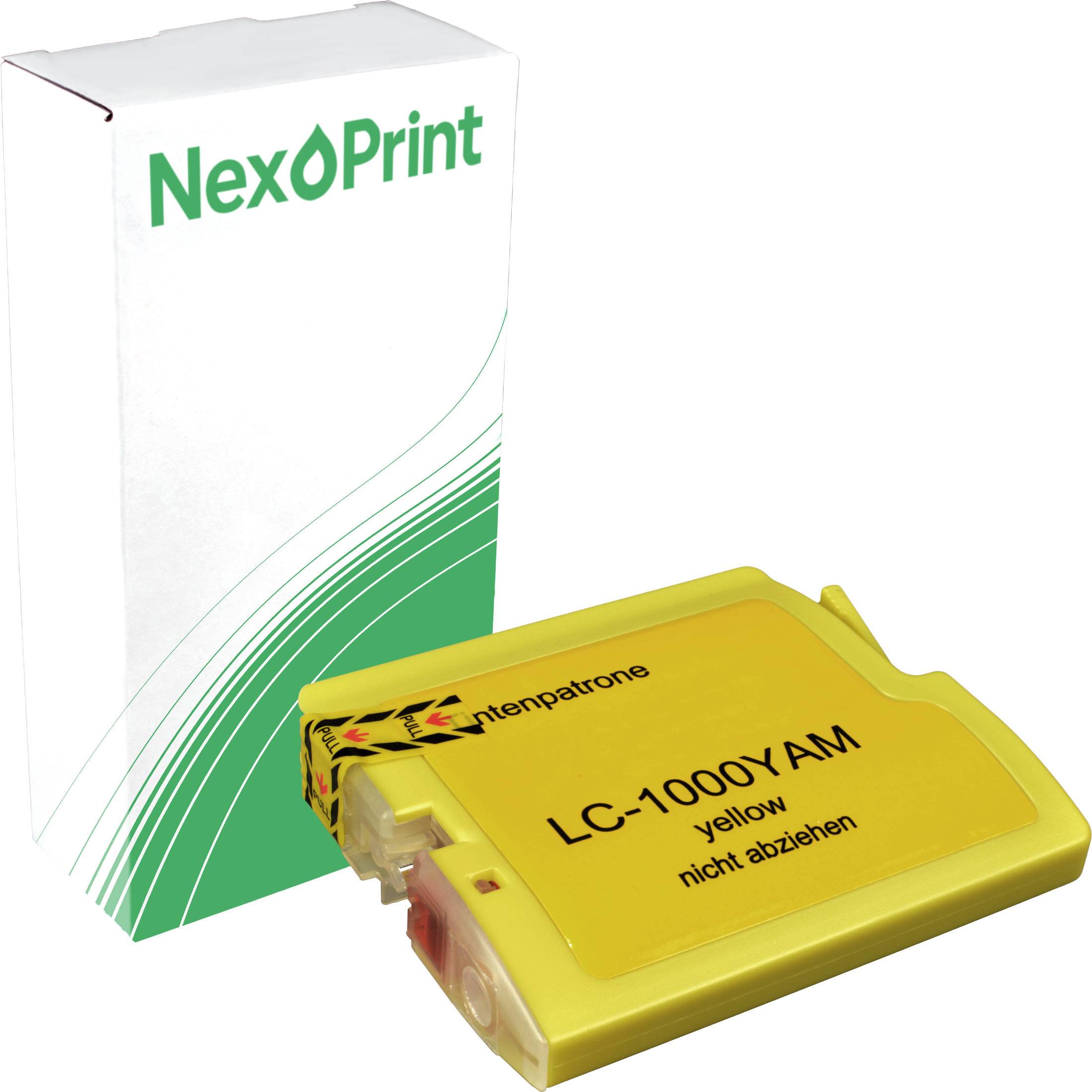 Das Bild zeigt eine gelbe LC-1000YAM-Tintenpatrone vor einer NexPrint-Box. Die Patrone hat „gelb nicht abziehen