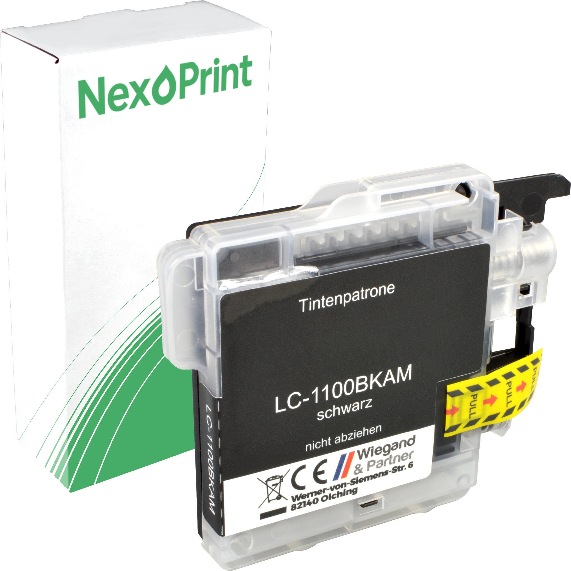 LC-1100BKAM schwarze Tintenpatrone, die mit NexPrint-Branding und Installationsanweisungen auf einer Verpackung präsentiert wird, vor einem Markenkartton.