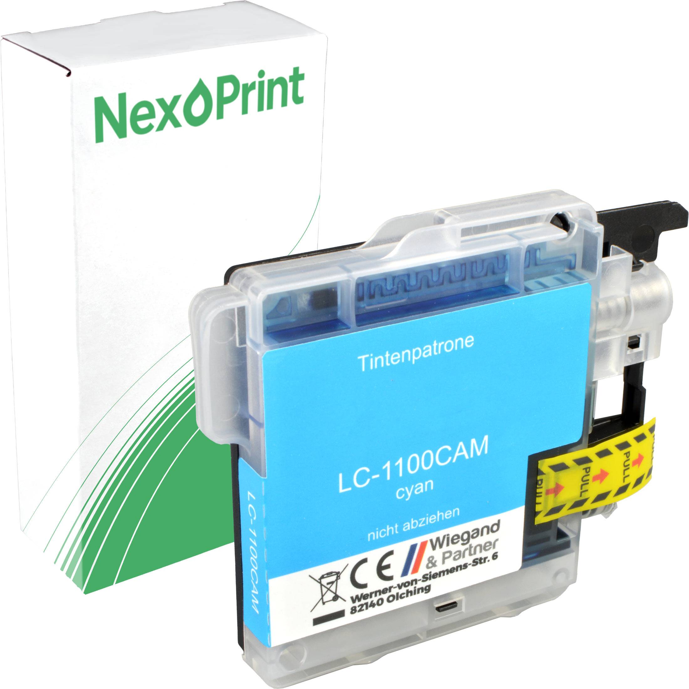 Bild einer NexPrint Cyan-Tintenpatrone LC-1100CAM mit Verpackung. Blaues Etikett mit dem Text 'Tintenpatrone', nicht zum Wiederverkauf.