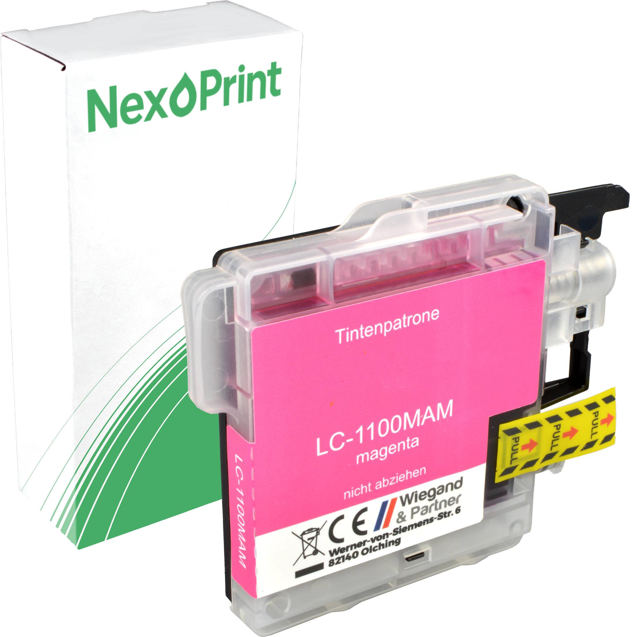 Magenta-Tintenpatrone LC-1100MAM von NexPrint, verpackt und einsatzbereit. Enthält Herstellerangaben.