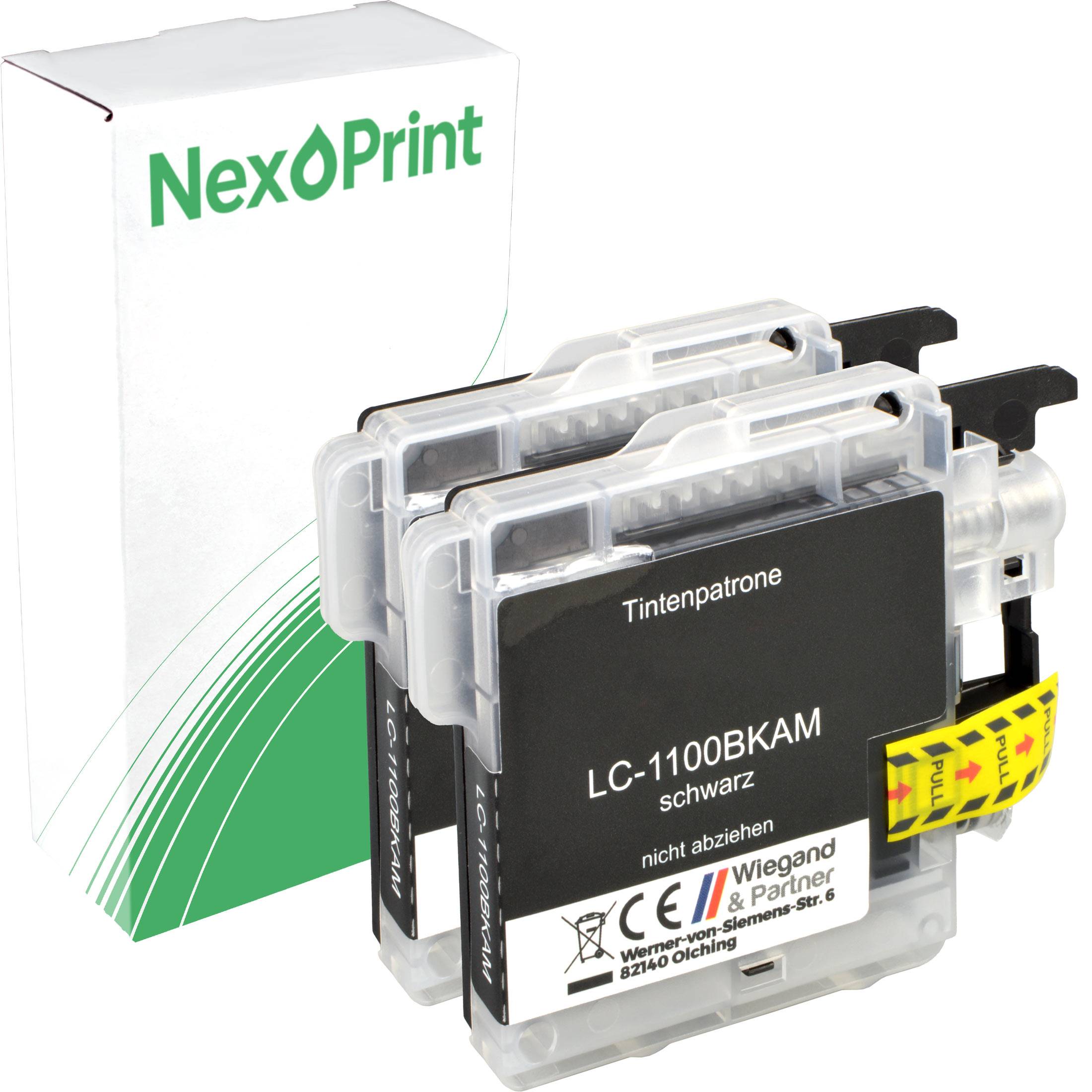 Verpackung für 'NexPrint' Tintenpatronen mit zwei schwarzen Patronen, gekennzeichnet mit 'LC-1100BKAM'. Anleitungen und Herstellerangaben sind sichtbar.