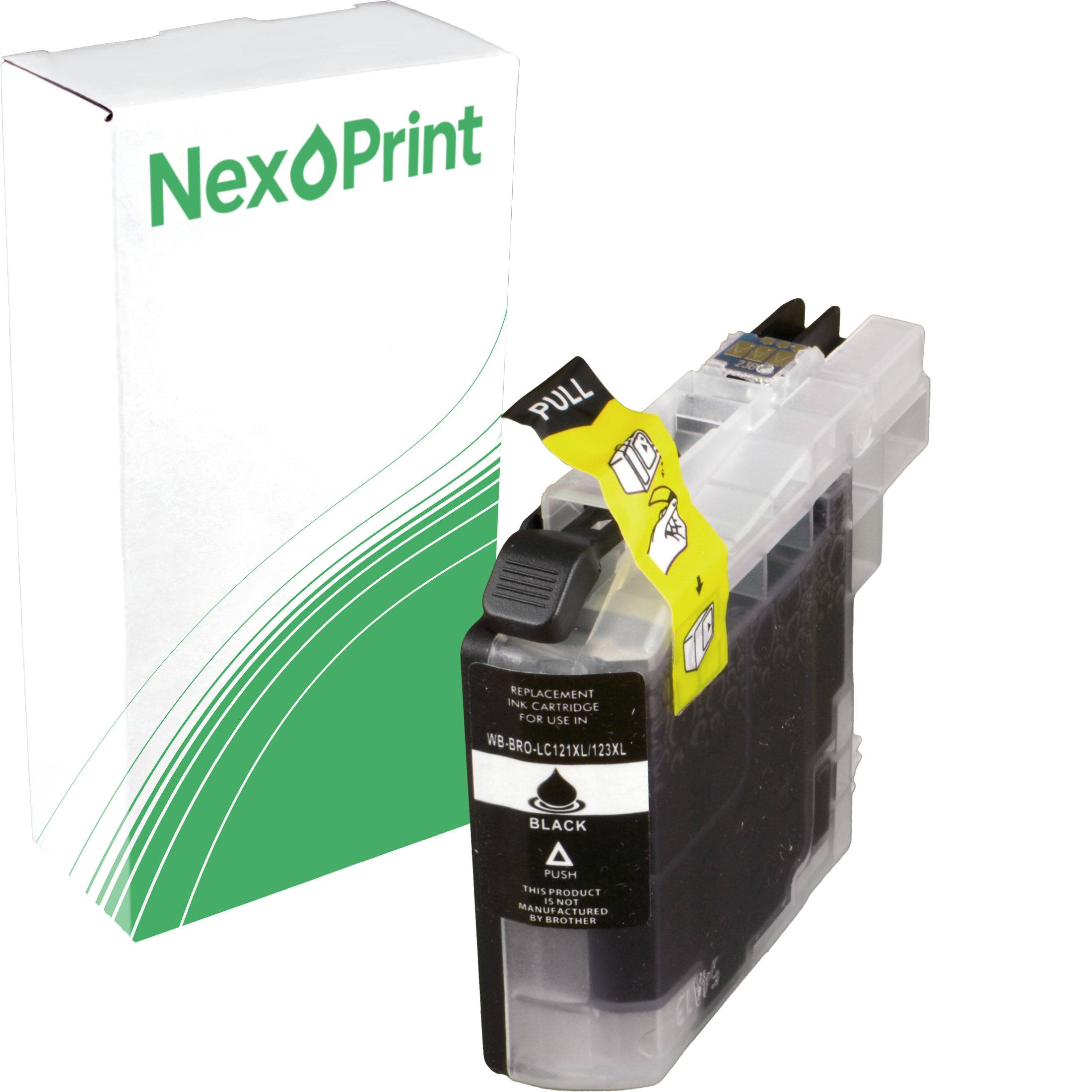 Schwarze Tintenpatrone mit Aufschrift 'NexPrint', in Originalverpackung gezeigt. Enthält Ersatzcode 'WB-BRD-LC211X2XL'.