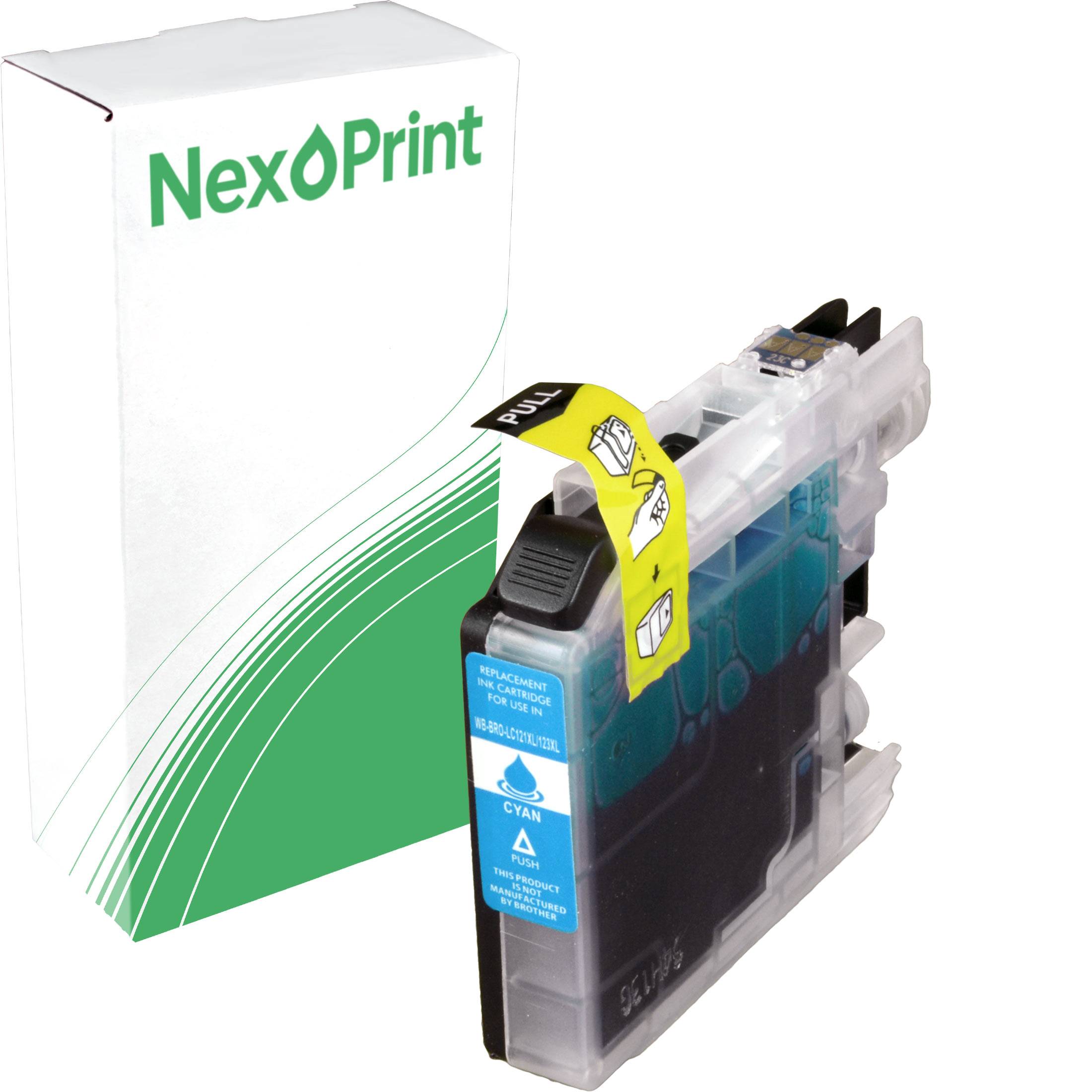 Cyan-Tintenpatrone mit Verpackung, beschriftet mit 