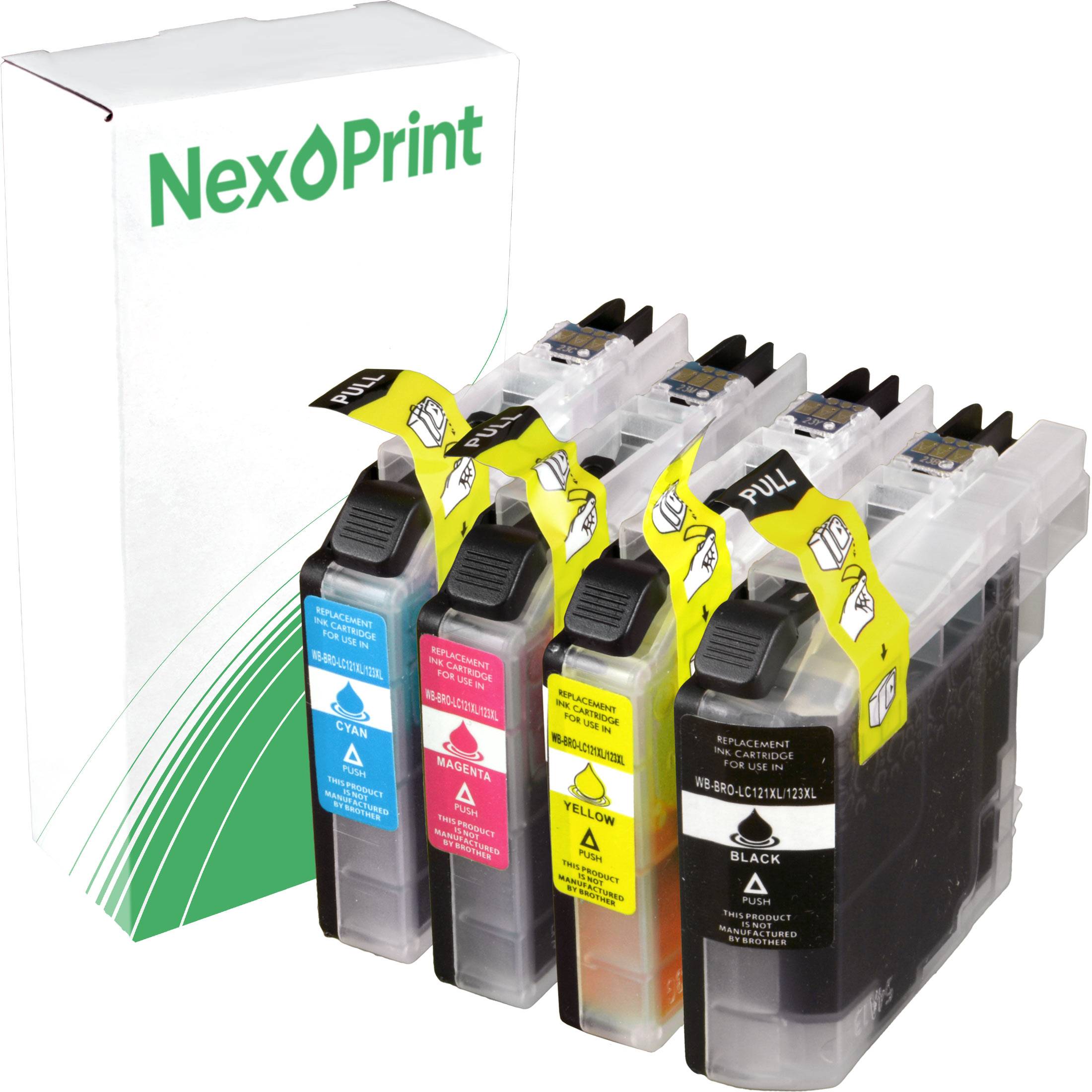 NexPrint' Markenkarton mit vier Tintenpatronen in Cyan, Magenta, Gelb und Schwarz, mit dem Aufdruck 'Ersatz' und ausgestattet mit Zuglaschetten.