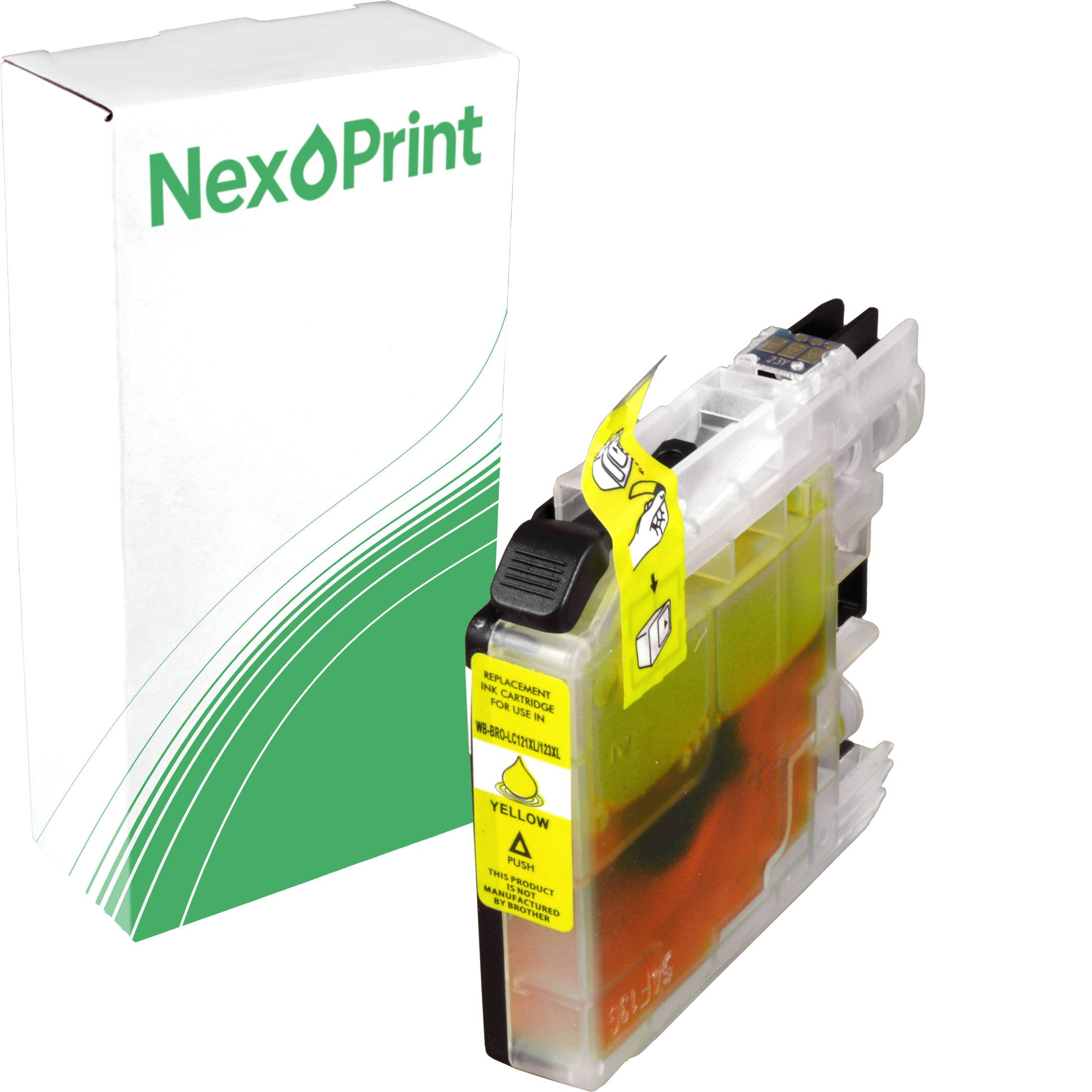 Tintenpatrone von 'NexPrint' mit gelber Etikette, verpackt in einer Schachtel mit grün-weißem Design.