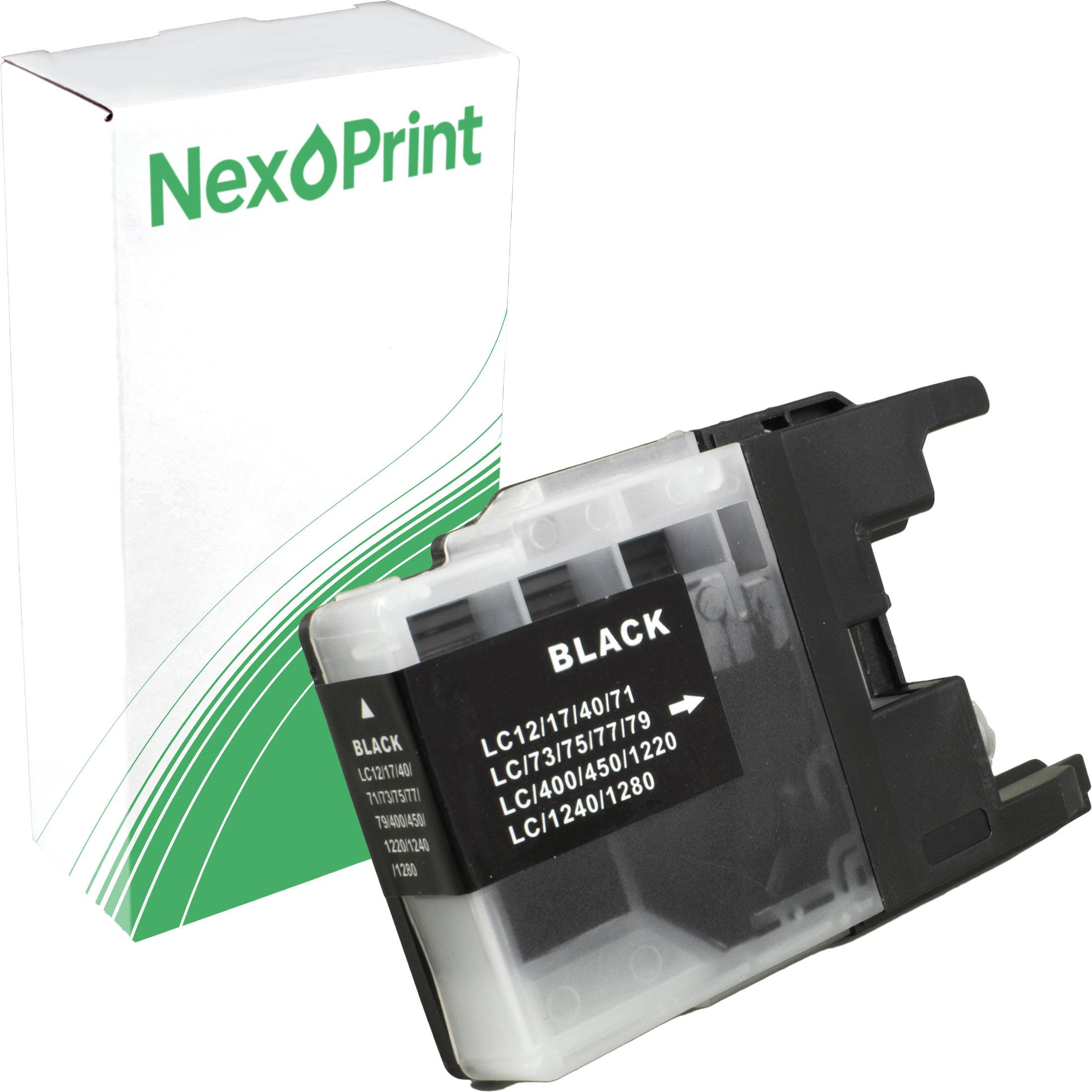 Schwarze Druckerpatrone für Tintenstrahldrucker in front of a NexPrint-Box, die die Modellnummer und Kompatibilität mit mehreren Druckerserien zeigt.