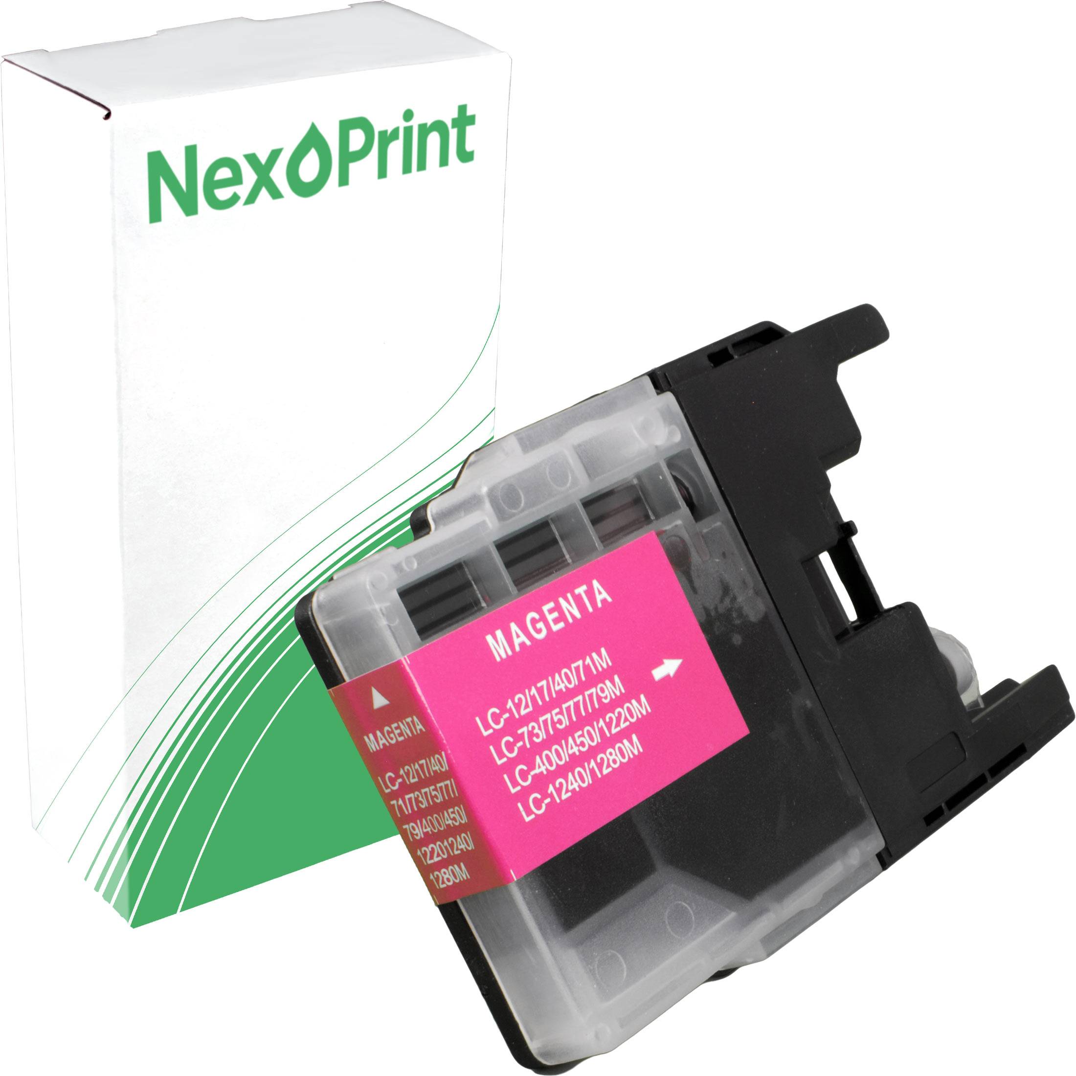 Magenta-Tintenpatrone vor einer NexPrint-Schachtel, gekennzeichnet mit Kompatibilitätscodes: 'LC-121/123/127/129M', 'LC-3717/5717/6717M'.