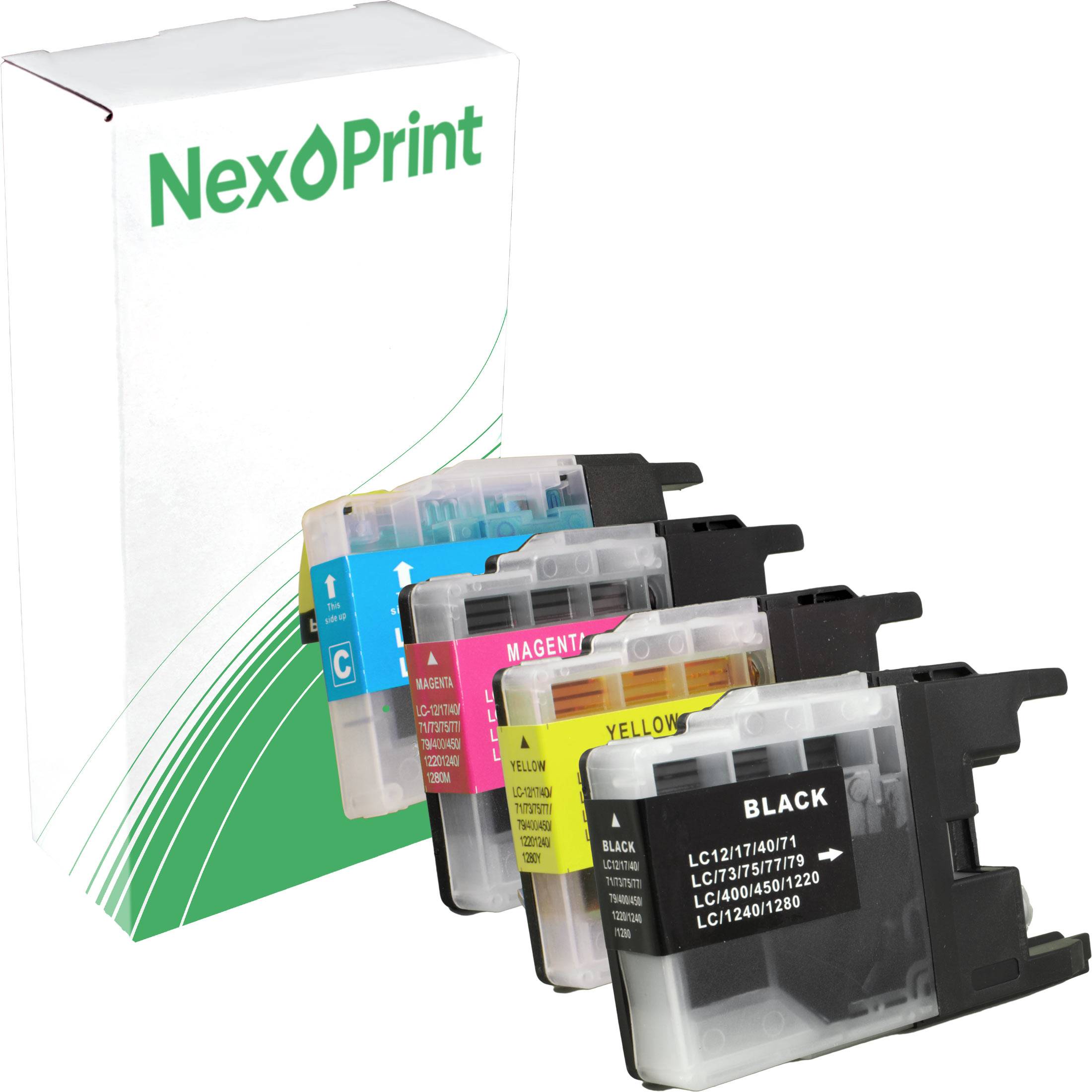 Druckerpatronen in Schwarz, Gelb, Magenta und Cyan werden vor einer NexoPrint-Verpackung präsentiert.