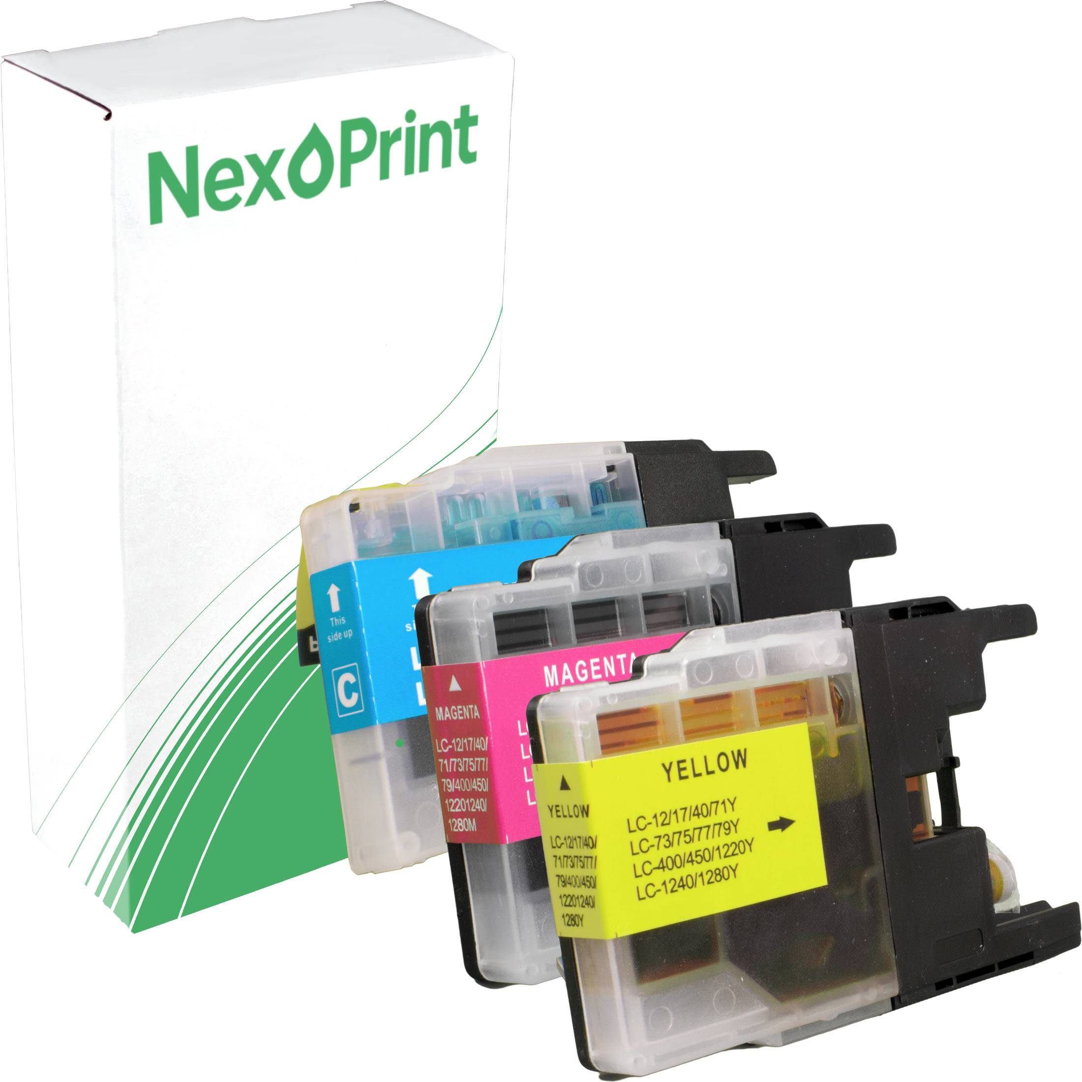 Drei Tintenpatronen in Cyan, Magenta und Gelb vor einer NexPrint-Schachtel.