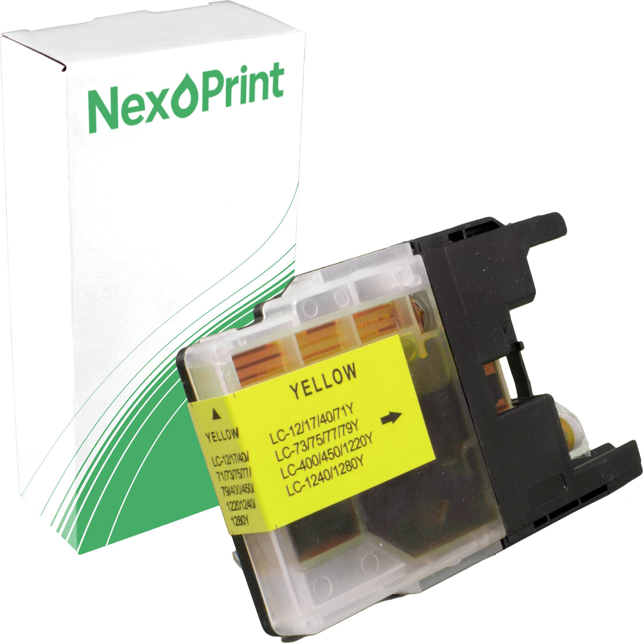 NexPrint' Markentintenpatrone in Gelb mit Produktverpackung im Hintergrund.