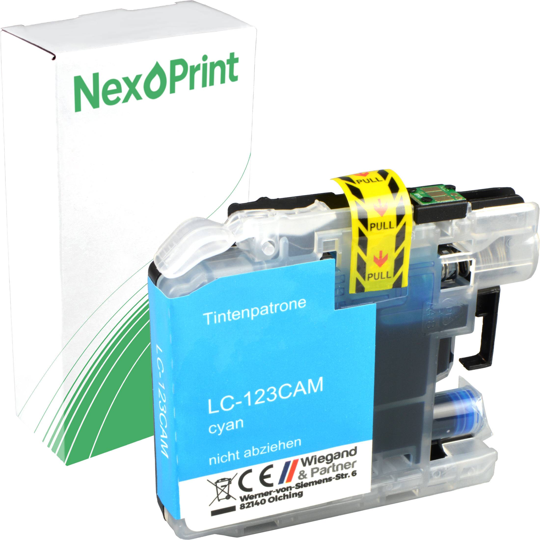 Cyan Tintenpatrone mit Etikett 'LC-123CAM', kompatibel mit NexPrint Druckern. Verpackung enthält Sicherheits- und Recycling-Symbole.