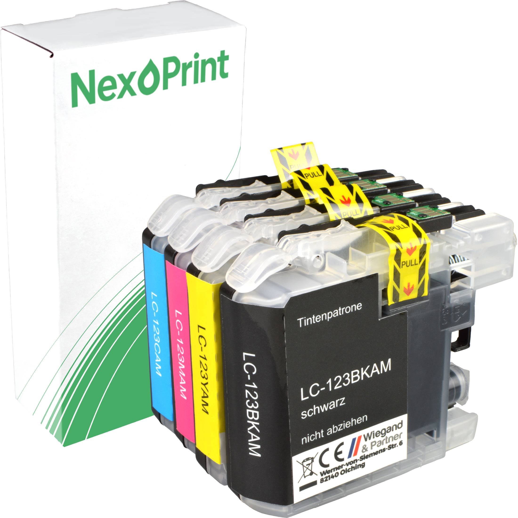 NexPrint' Marken-Tintenpatronen in Cyan, Magenta, Gelb und Schwarz, mit sichtbaren Zuglaschetten, vor einem weißen Hintergrund.