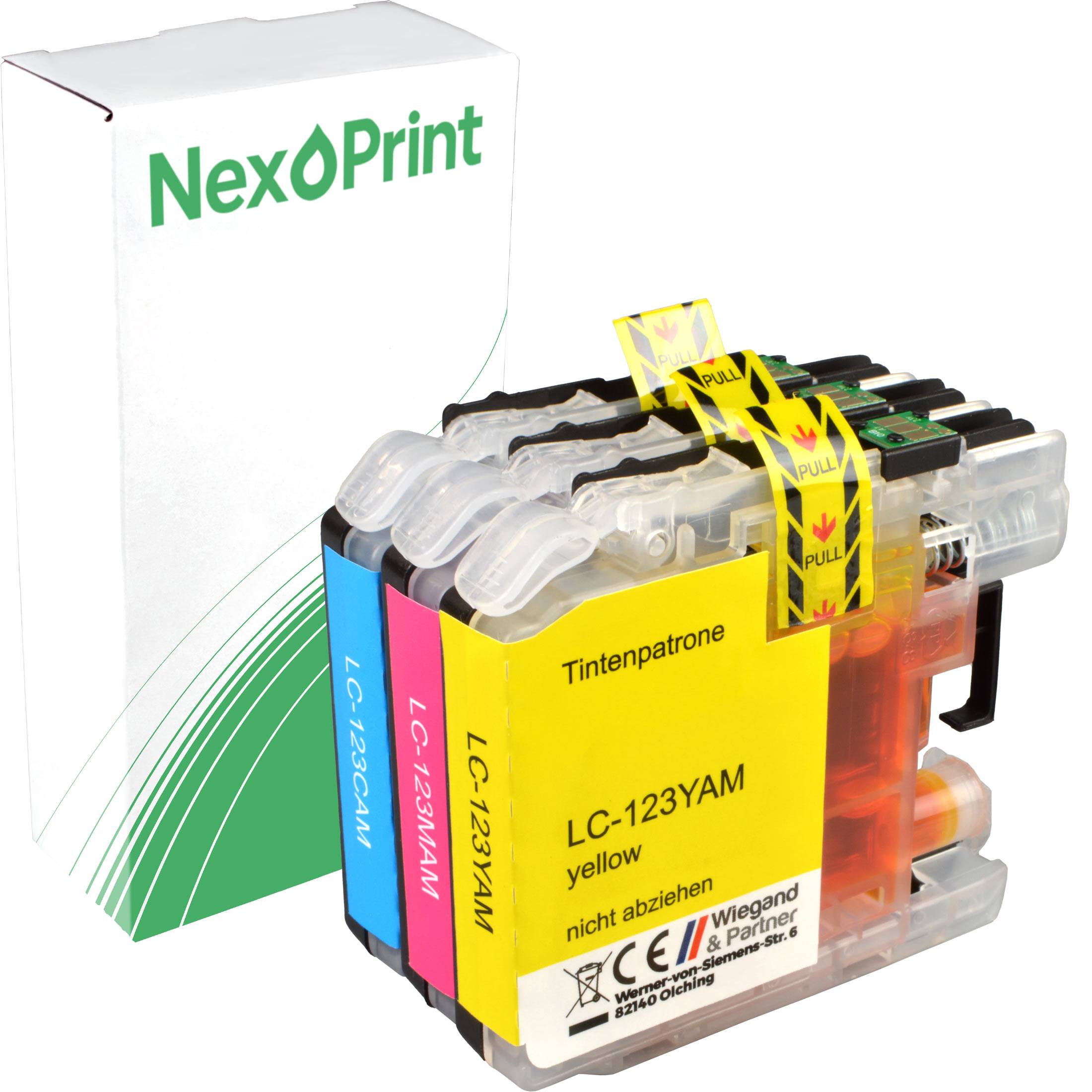 Eine mit der Marke 'NexPrint' versehene Box neben einem Satz Tintenpatronen in Farben, gekennzeichnet als LC-123YAM, die gelbe, magentafarbene, cyanblaue und schwarze Patronen zeigt.