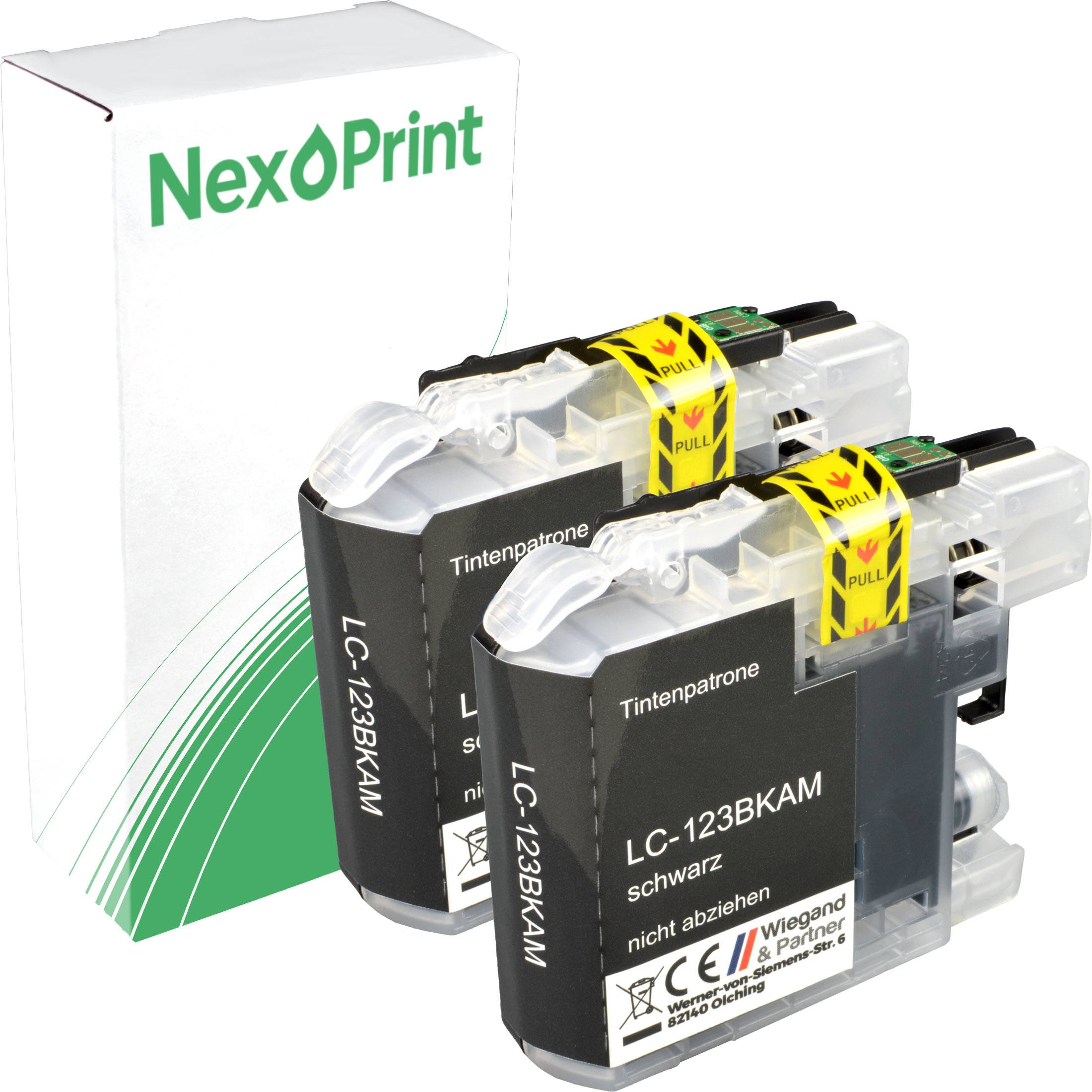 Zwei schwarze Tintenpatronen mit der Aufschrift 'LC-123BK' neben einer NexPrint-Verpackung.