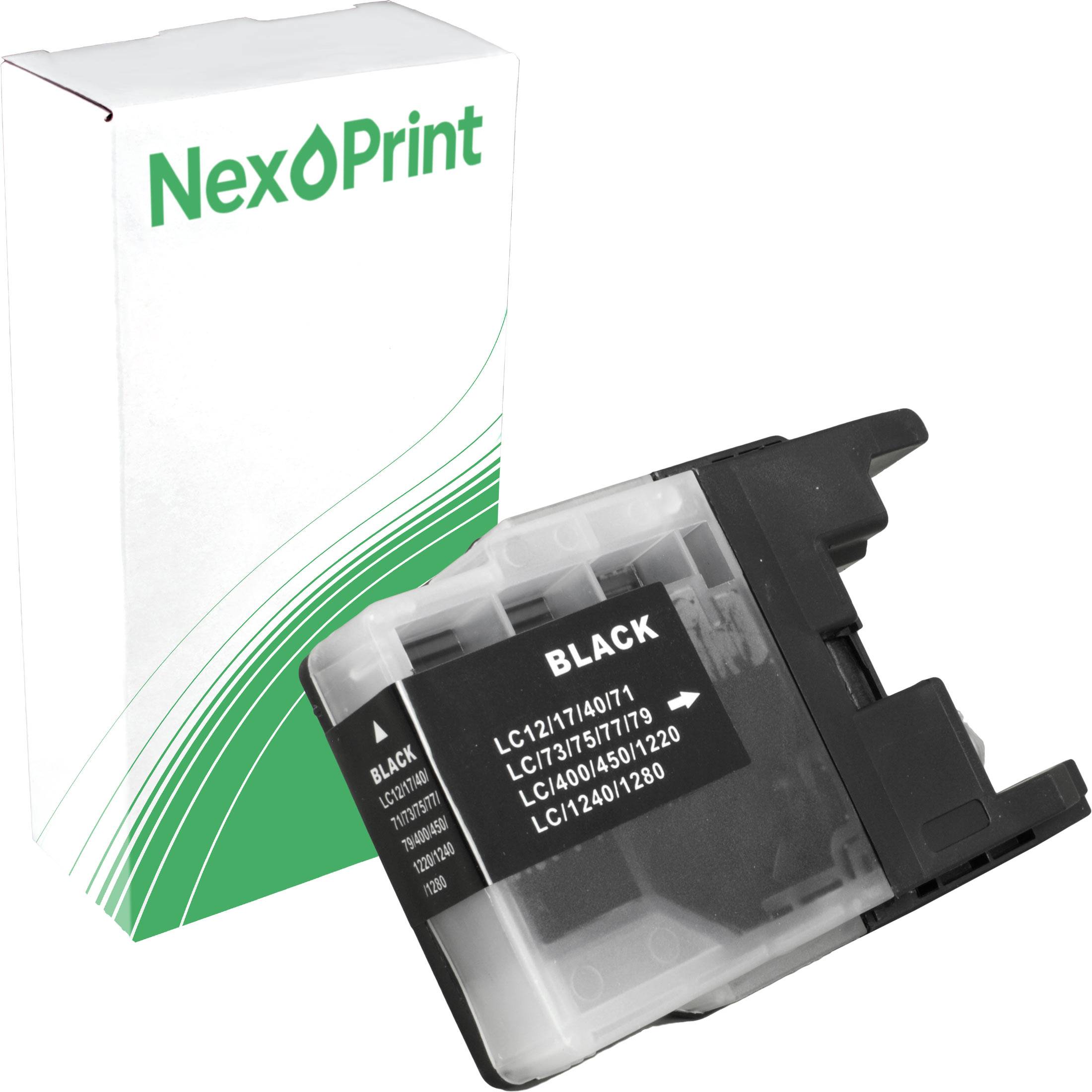 Schwarze Tintenpatrone mit Etikett LC121/123/125/127/129 vor einer NexPrint-Markenbox. Geeignet für verschiedene Druckermodelle.