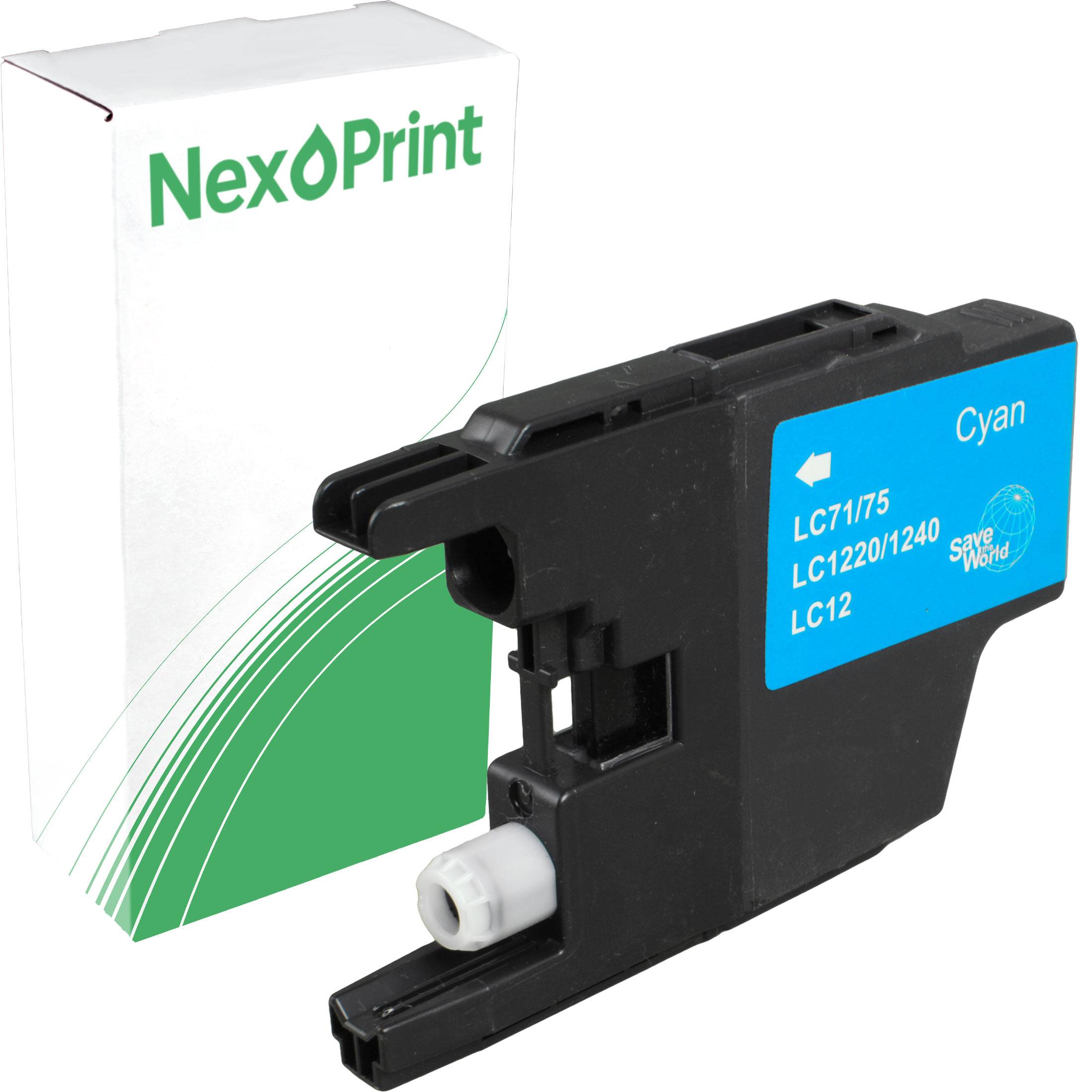 Eine Cyan-Tintenpatrone von NexPrint wird neben ihrer Verpackung gezeigt. Die Patrone ist mit den Modellnummern LC71/75, LC1220/1240 und LC12 beschriftet.